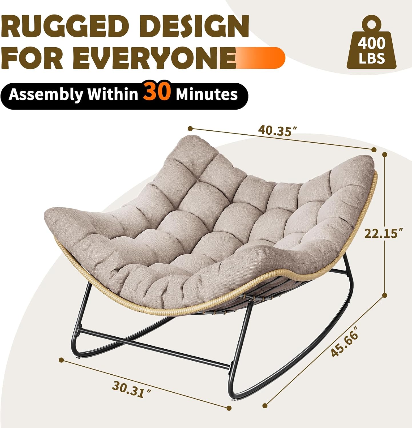 Outdoor Rocking Chair, 2 PCS Indoor Papasan Chairs, Oversized Egg Rocking Chair with Thick Cushion, Rattan Wicker Rocker Lounge Chair for Bedroom, Living Room, Patio, Garden, Porch (Beige)