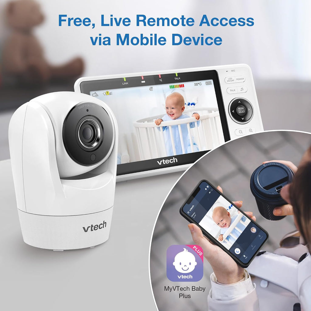 VTech VM901 Smart WiFi Baby Monitor – 1080p Camera, 5' HD Screen, Remote Pan Tilt Zoom, Free App, Night Vision, No Subscription