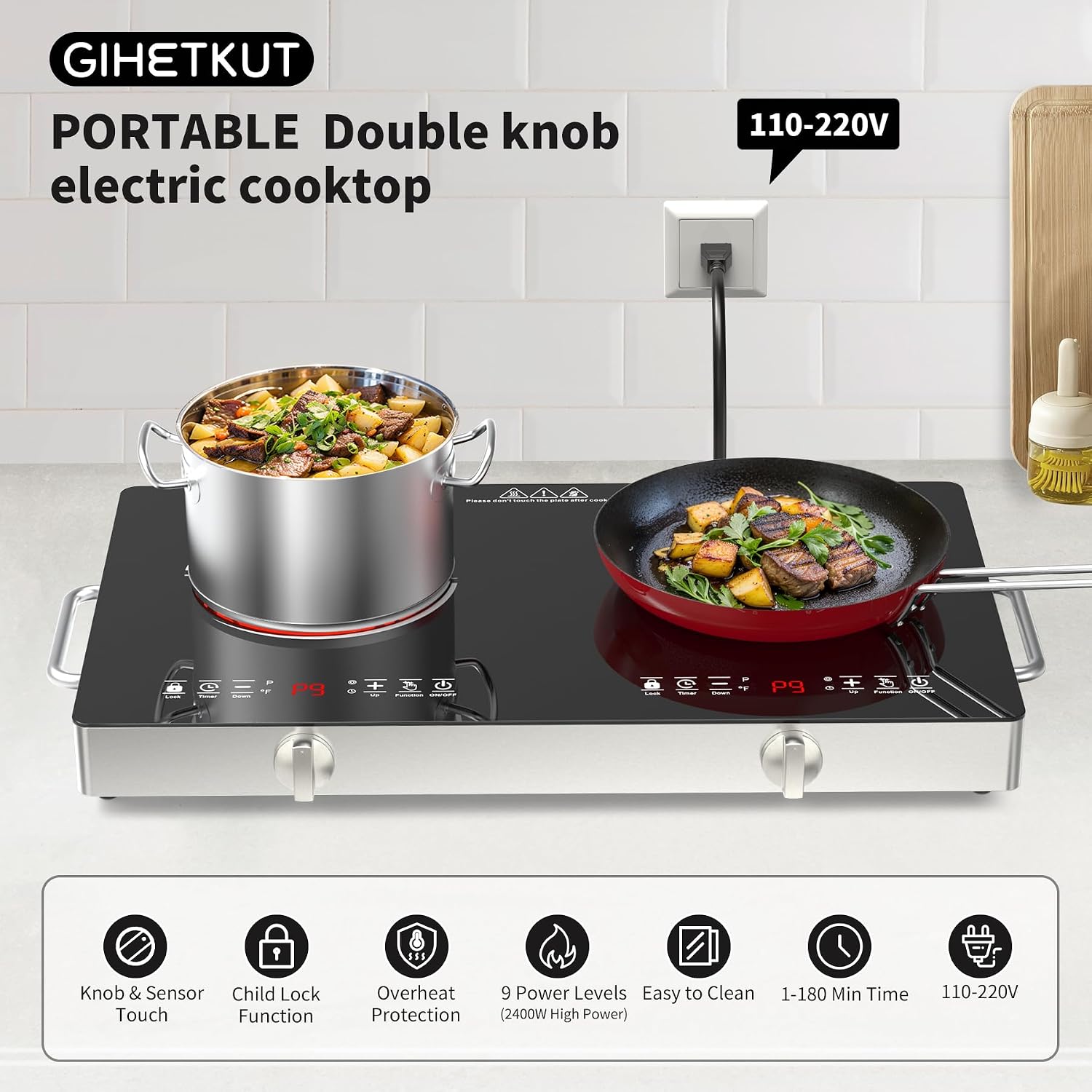 GIHETKUT Electric Cooktop,110V 2400W Stove top, Countertop Cooktop with 9 Power Levels, LED Display,Child Safety Lock, Timer,Knob and Touch Control 2 burner Electric cooktop