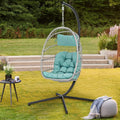Indoor Outdoor Patio Wicker Hanging Chair Swing Chair Patio Egg Chair UV Resistant Cushion Aluminum Frame (Light Blue)
