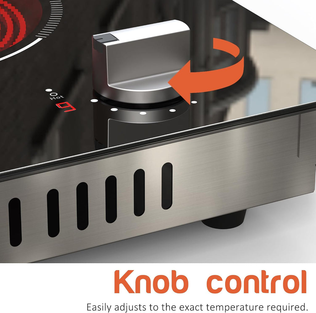 2 Burners Electric Cooktop 2000W, Plug in Electric Stove Top110v, Countertop & Built-in Cook top 12 Inch, 2 Burner Cooktop Knob Control, 9 Power Levels, Grey knob, Karienvir