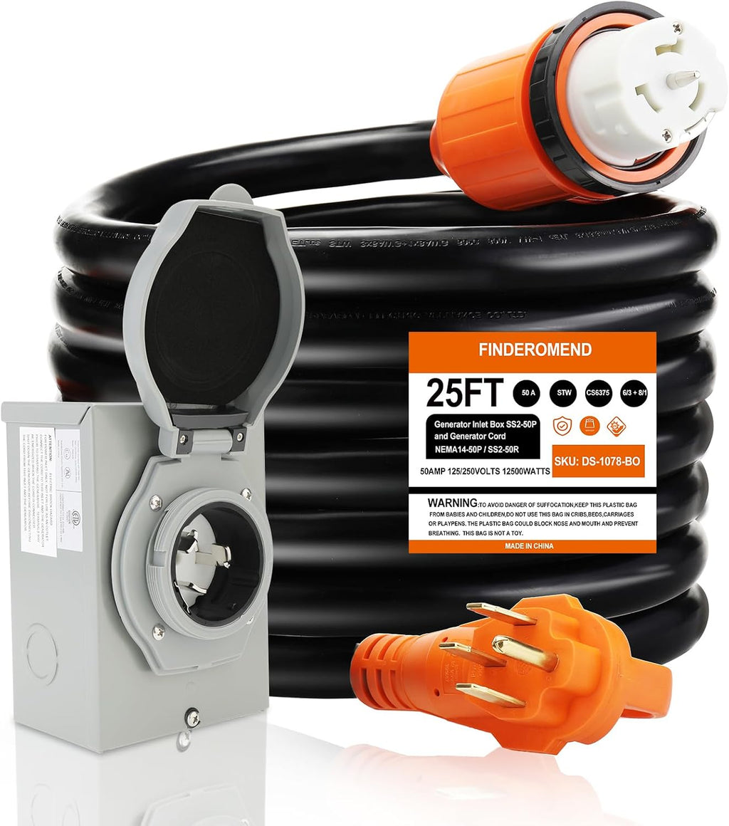 25 ft 50 Amp Generator Cord and Power Inlet Box Combo Kit,125/250 Volts,Generator Power Cord NEMA 14-50P to SS2-50R Extension Cord,for Home RV Backup Power Solution