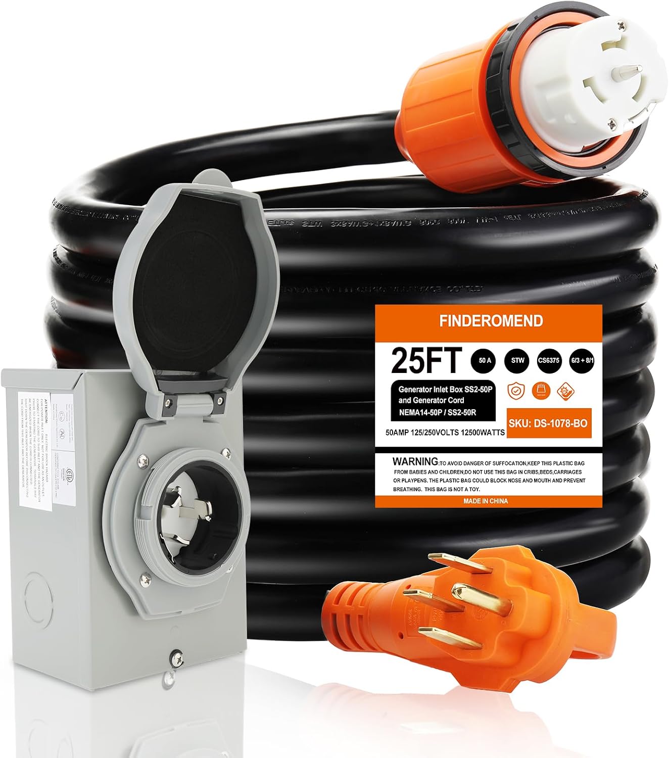 25 ft 50 Amp Generator Cord and Power Inlet Box Combo Kit,125/250 Volts,Generator Power Cord NEMA 14-50P to SS2-50R Extension Cord,for Home RV Backup Power Solution