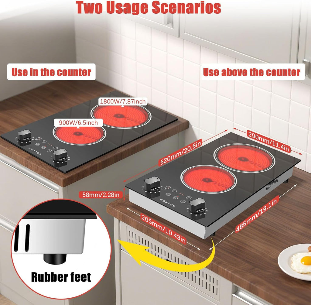 Noxton 2 Burners Electric Cooktop, 12 Inch 110V Radiant Ceramic Stove with Knob & Touch Control, 2000W Built-in or Countertop Electric Hot Plate, Timer, Child Lock, Residual Heat Indicator(YS)