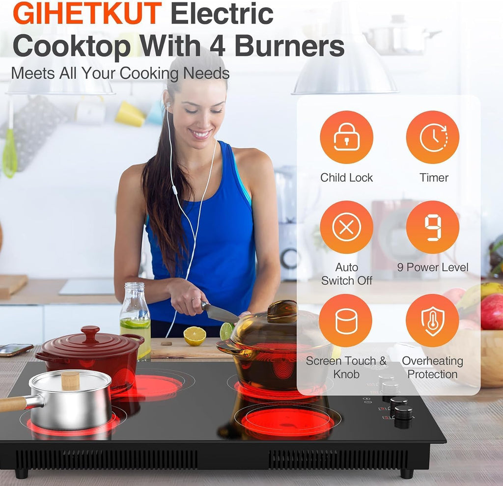 GIHETKUT 4 Burner Electric Cooktop,7200W Built-in & Countertop 30 inch stove top with 9 Power Levels, Child Safety Lock & 99 mins Timer, 30 inch Electric Cooktop 220-240V (No Plug)