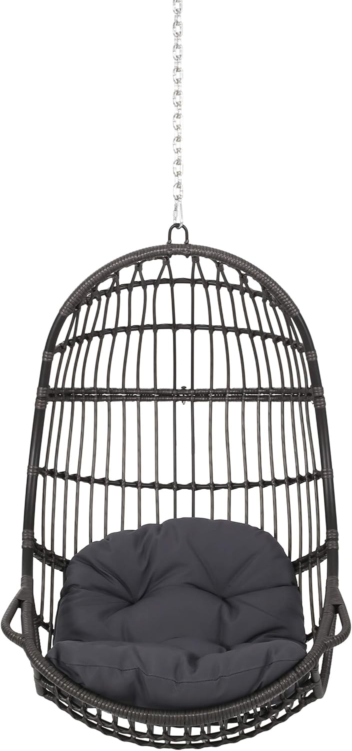 Wicker Egg Chair, Hanging Chair with 8FT Chain, Wicker Lounge Chair with Water Resistant Cushion, Indoor Outdoor Lounger for Patio, Backyard, Living Room, Only Chair (Gray-No Stand)