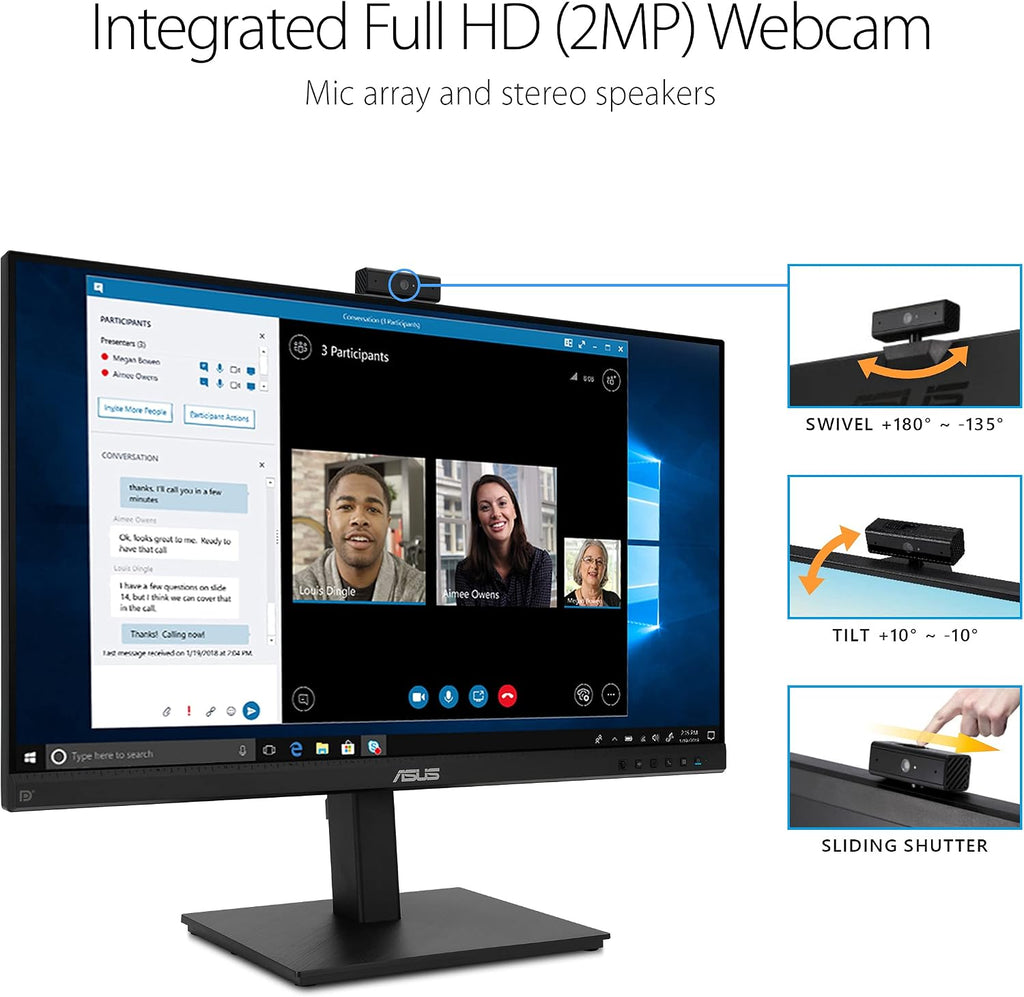ASUS 27' 1080P Video Conference Monitor (BE279QSK) - Full HD, IPS, Built-in Adjustable 2MP Webcam, Mic Array, Speakers, Eye Care, Wall Mountable, Frameless, HDMI, DisplayPort, VGA, Height Adjustable