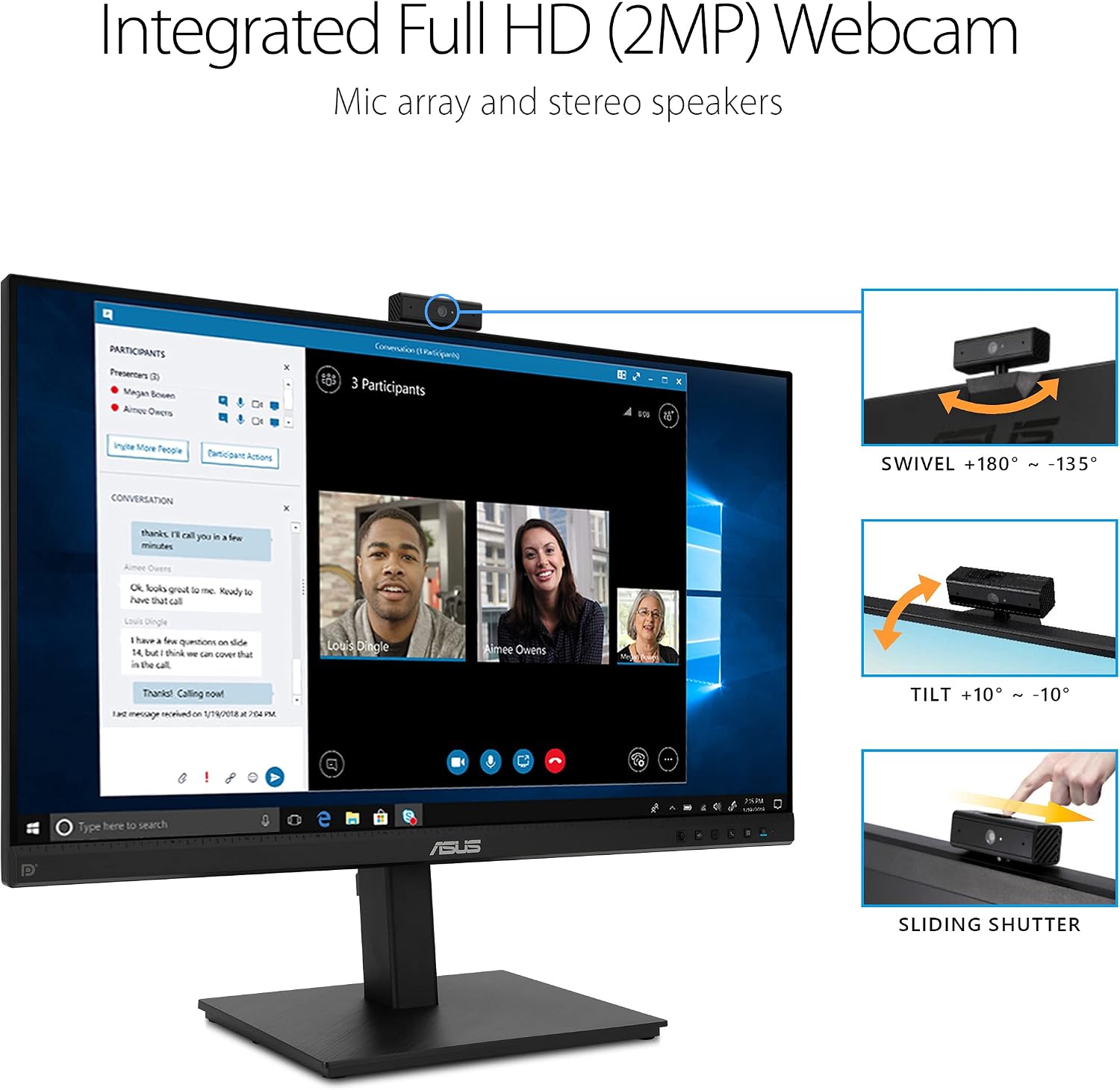 ASUS 27' 1080P Video Conference Monitor (BE279QSK) - Full HD, IPS, Built-in Adjustable 2MP Webcam, Mic Array, Speakers, Eye Care, Wall Mountable, Frameless, HDMI, DisplayPort, VGA, Height Adjustable