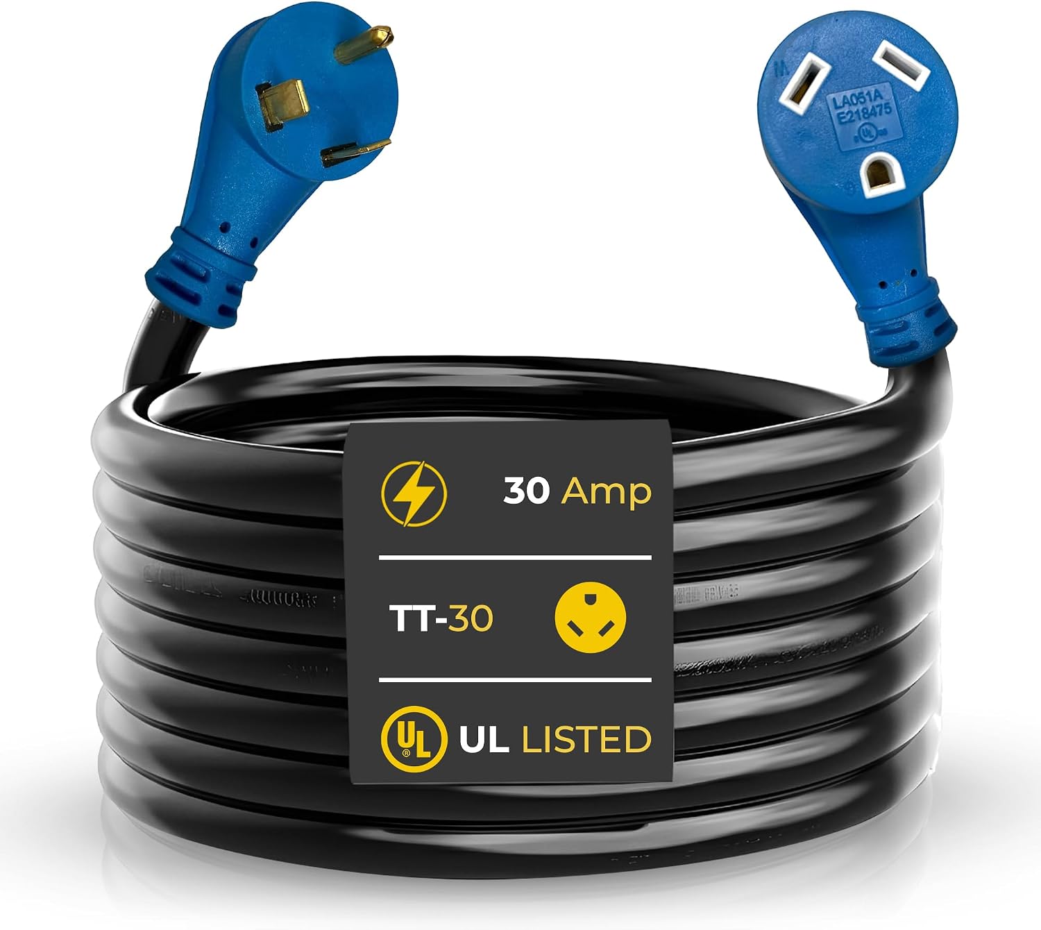 Amp Up 30 Amp Generator Cord, 75ft Heavy Duty NEMA 30amp Generator Power Cord/ 3 Prong Extension Cable with TT-30 Molded Ends, Stow 3C Cable, and UL Listed from US Company