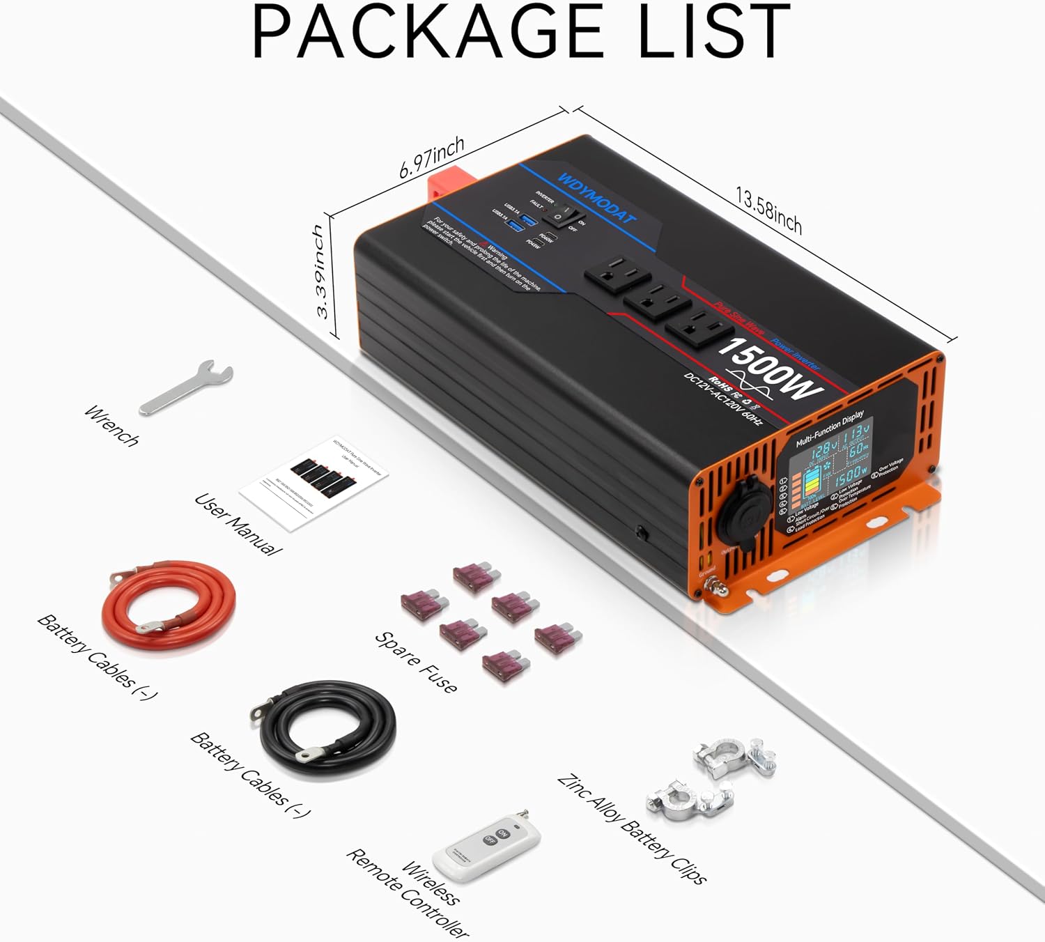 1500W Pure Sine Wave Inverter, Car Power Inverter 12V to 110V 120V, DC to AC Converter Generator with AC Outlets 3.0A USB Type-C, Remote Controller LCD Display Truck Inversor for Vehicles, RV