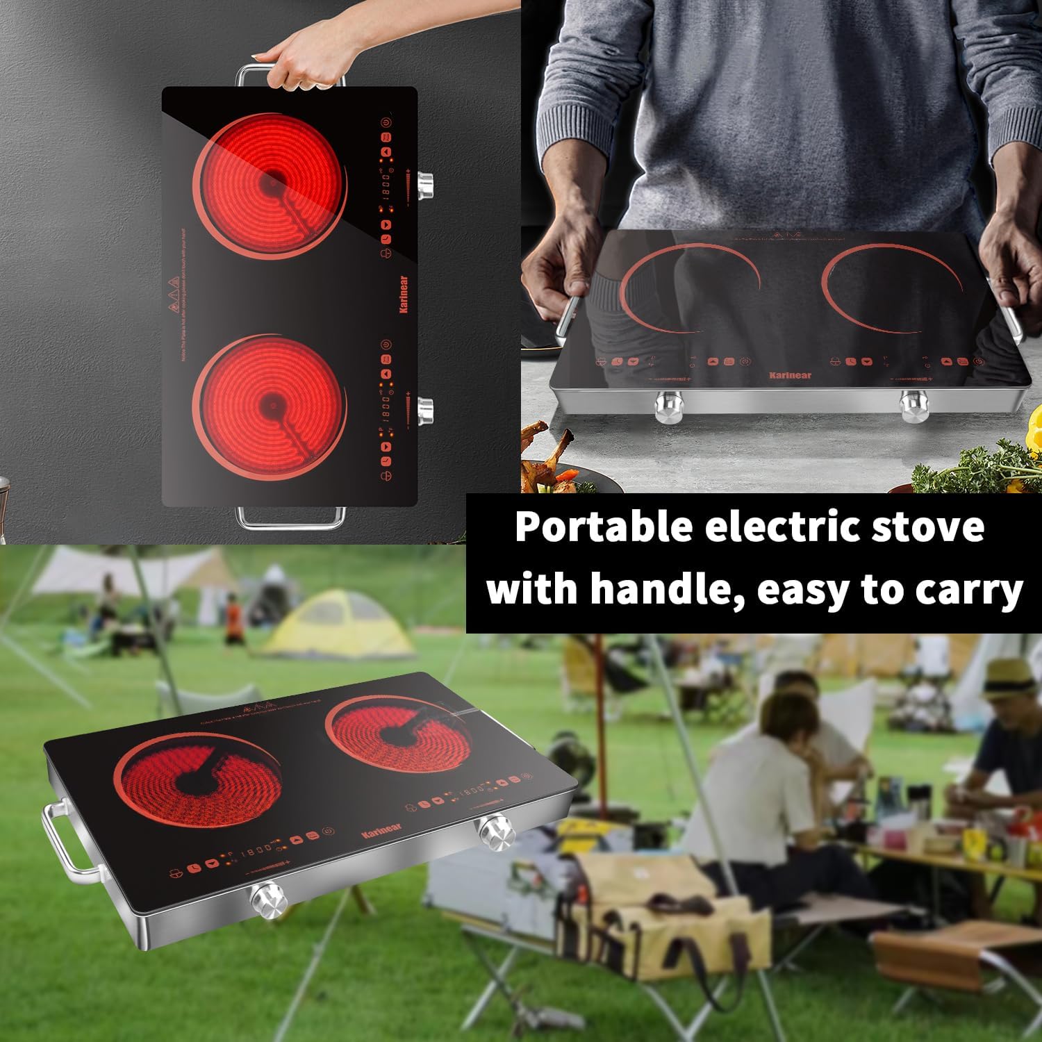 Karinear 2 Burner Electric Cooktop 110V, Portable Electric Stove with Handle, Knob Control Electri Hot Plate, Ceramic Countertop Burner, Timer, Safety Lock, 9 Power Level, 2000W, 24 inch(Gold)