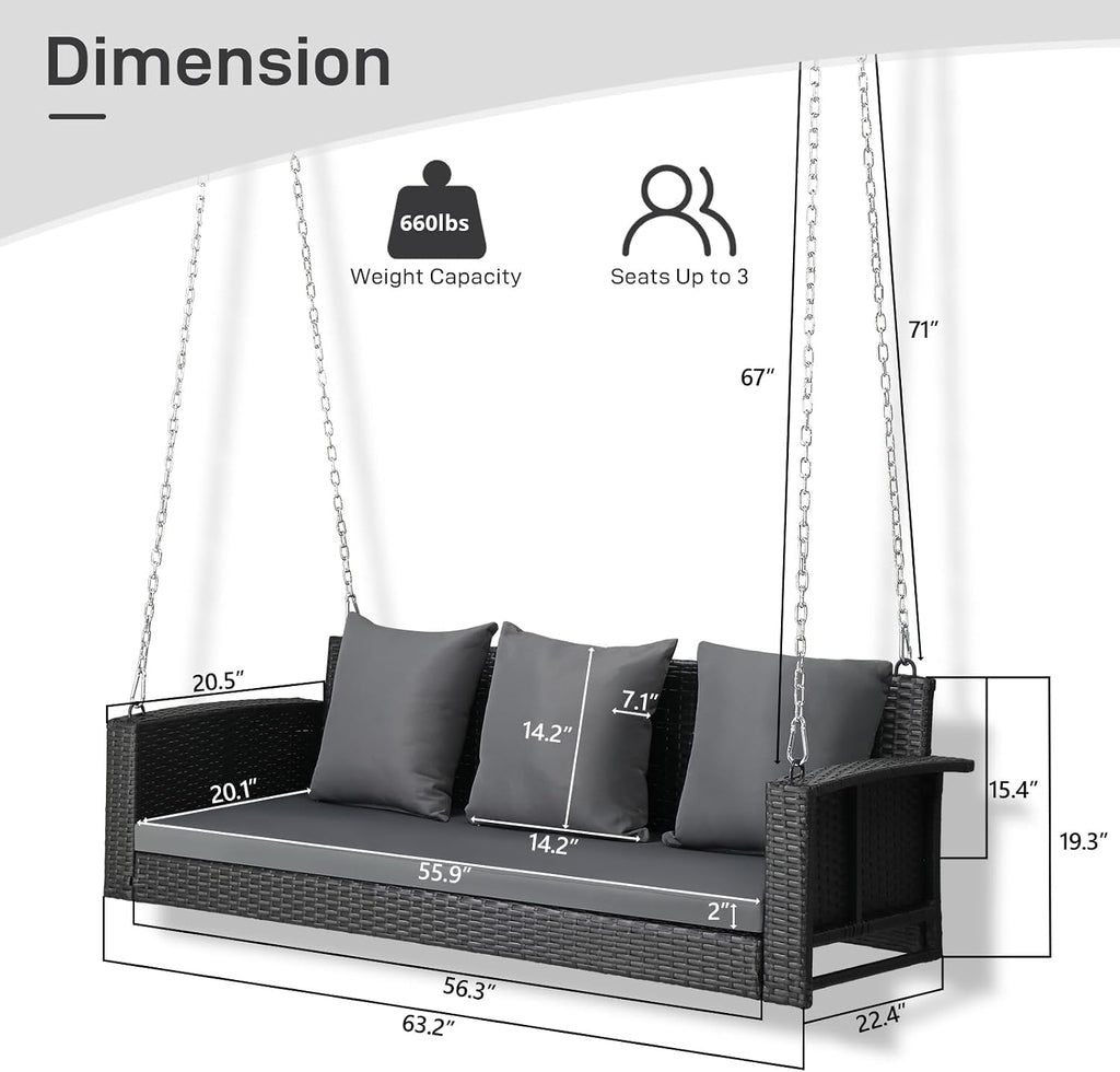 Outvita Porch Swing, 5FT Hanging Outdoor Porch Swings for Adults, Wicker 3 Person Patio Swing, with Cushion, Pillow and Chain for Garden, Backyard, Weight Capacity - 1000lbs