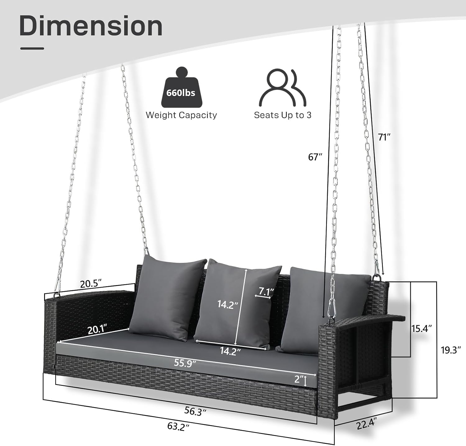 Outvita Porch Swing, 5FT Hanging Outdoor Porch Swings for Adults, Wicker 3 Person Patio Swing, with Cushion, Pillow and Chain for Garden, Backyard, Weight Capacity - 1000lbs
