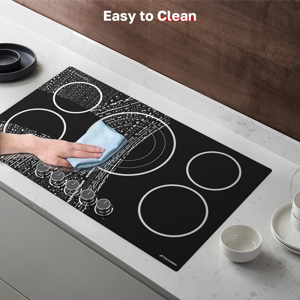 ThermoMate 36 Inch Electric Cooktop, 5 Burners Knob Control Built-in Ceramic Cooktop, 30' Radiant Electric Stove Top of 9000W with 9 Heat Levels, Hot Surface Indicator, 220-240v, Hard Wired