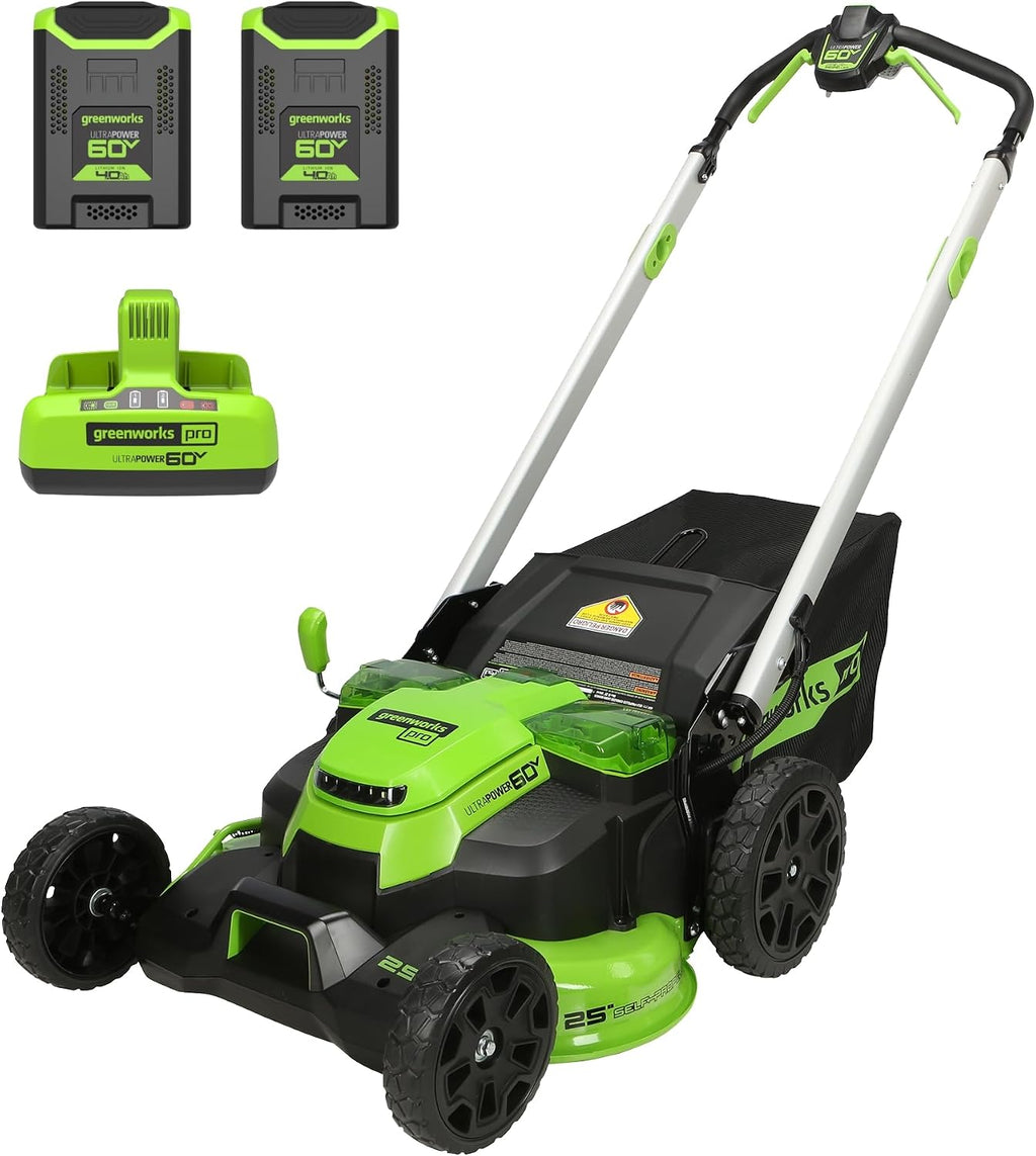 Greenworks 60V 25' Self-Propelled Cordless Lawn Mower – 2 x 4.0Ah Batteries & Fast Charger(75+ Tool Compatibility, 80Min Runtime)