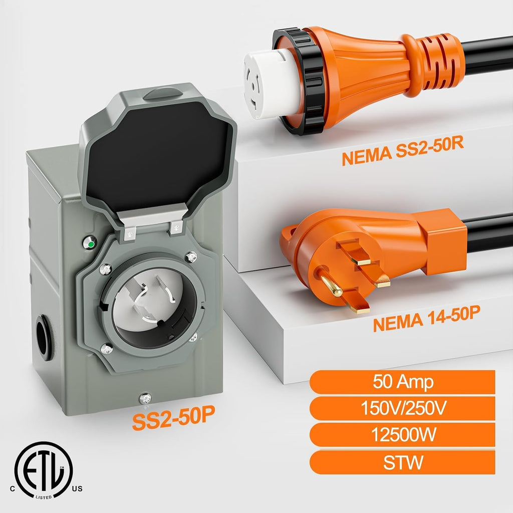 50 Amp Generator Power Cord 15ft and Inlet Box Kit, NEMA 14-50P to SS2-50R Twist Lock with Organizer for RV, Outdoor