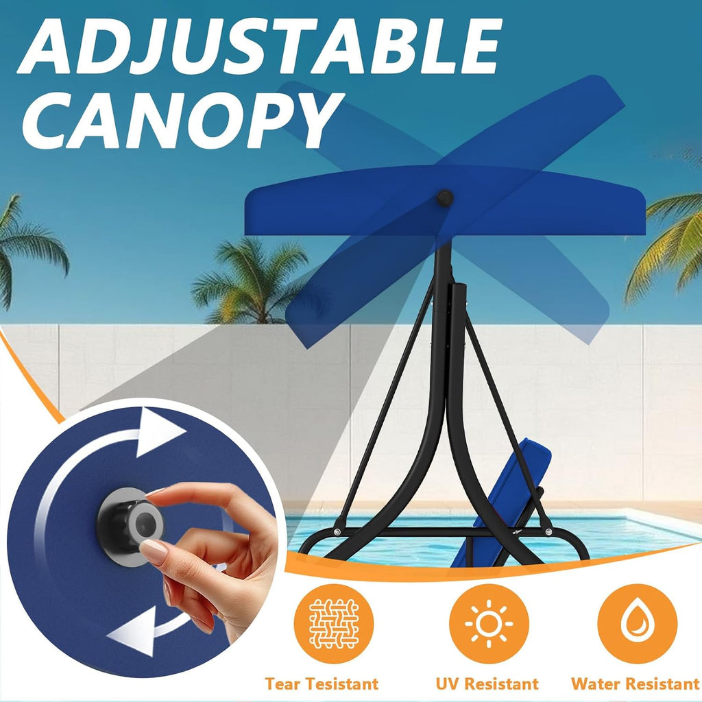 3-Seat Porch Swing Bed with Adjustable Canopy & Removable Cushions, Heavy Duty Steel Frame Outdoor Patio Swings Glider Chair for Backyard, Garden, Deck, Blue