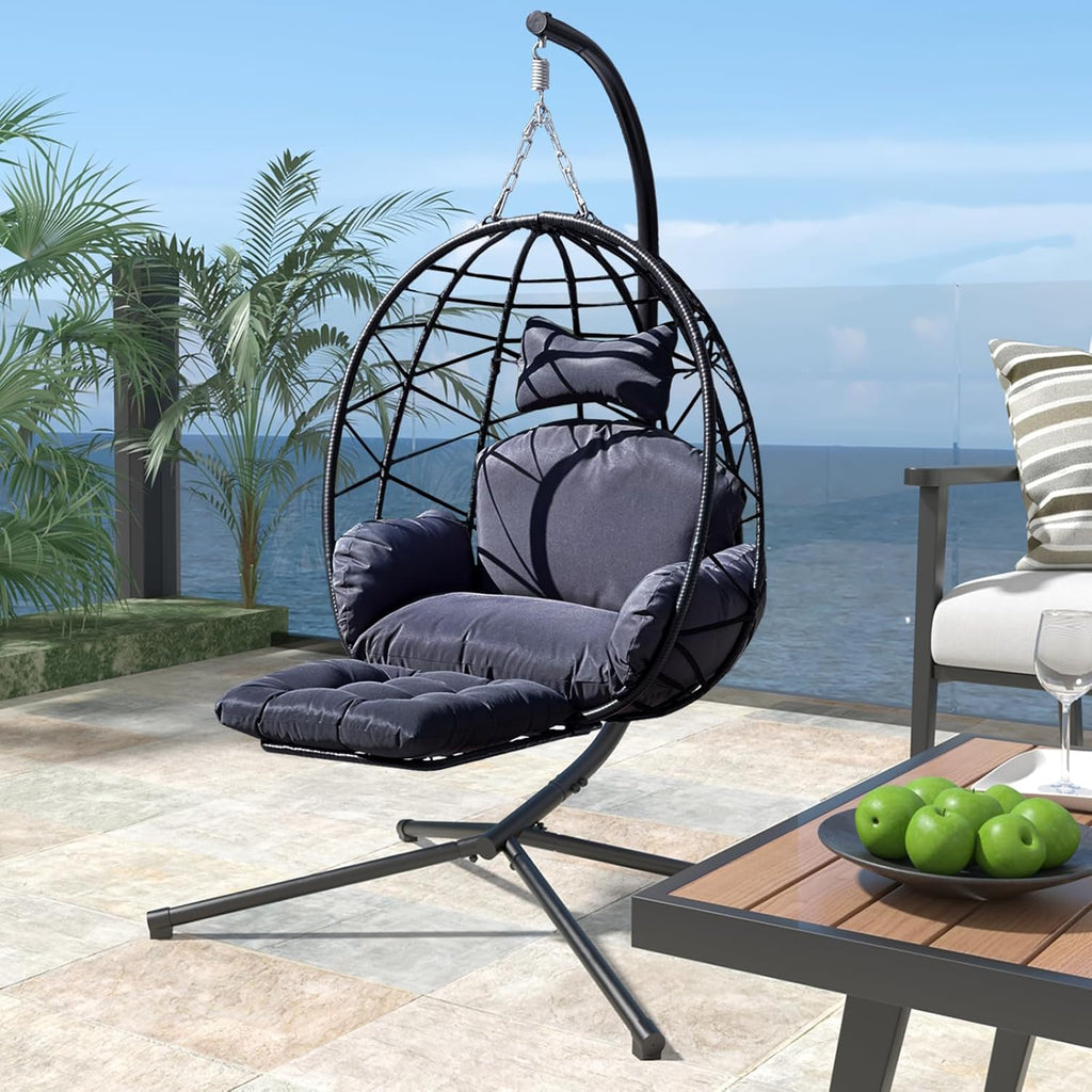 Hanging Egg Chair with Leg Rest, Indoor/Outdoor Swing Egg Chair Hammock Basket Seat Chair with Cushion for Porch Balcony Garden Patio (Ribbon+Rattan, Black+Dark Grey)
