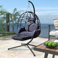 Hanging Egg Chair with Leg Rest, Indoor/Outdoor Swing Egg Chair Hammock Basket Seat Chair with Cushion for Porch Balcony Garden Patio (Ribbon+Rattan, Black+Dark Grey)