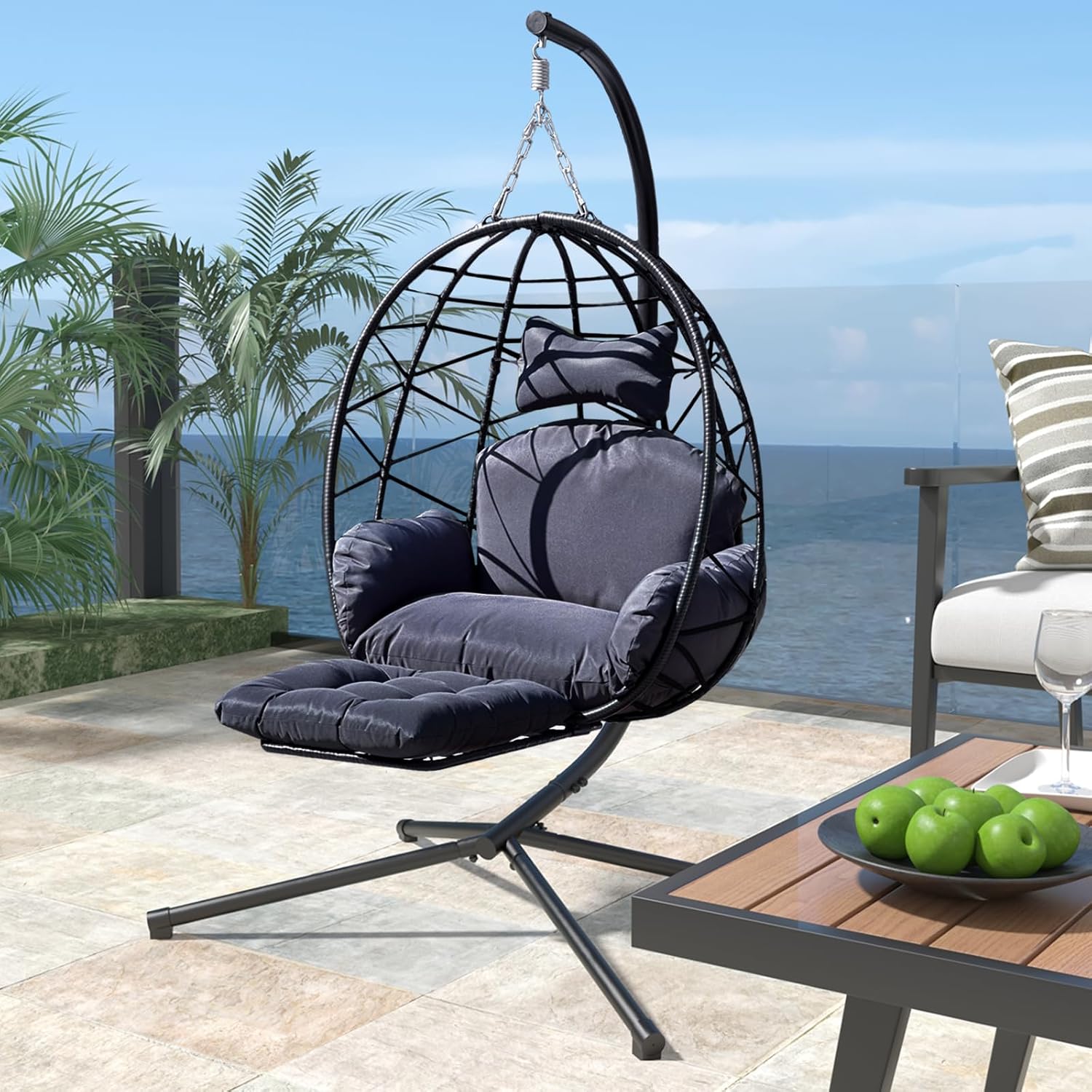 Hanging Egg Chair with Leg Rest, Indoor/Outdoor Swing Egg Chair Hammock Basket Seat Chair with Cushion for Porch Balcony Garden Patio (Ribbon+Rattan, Black+Dark Grey)