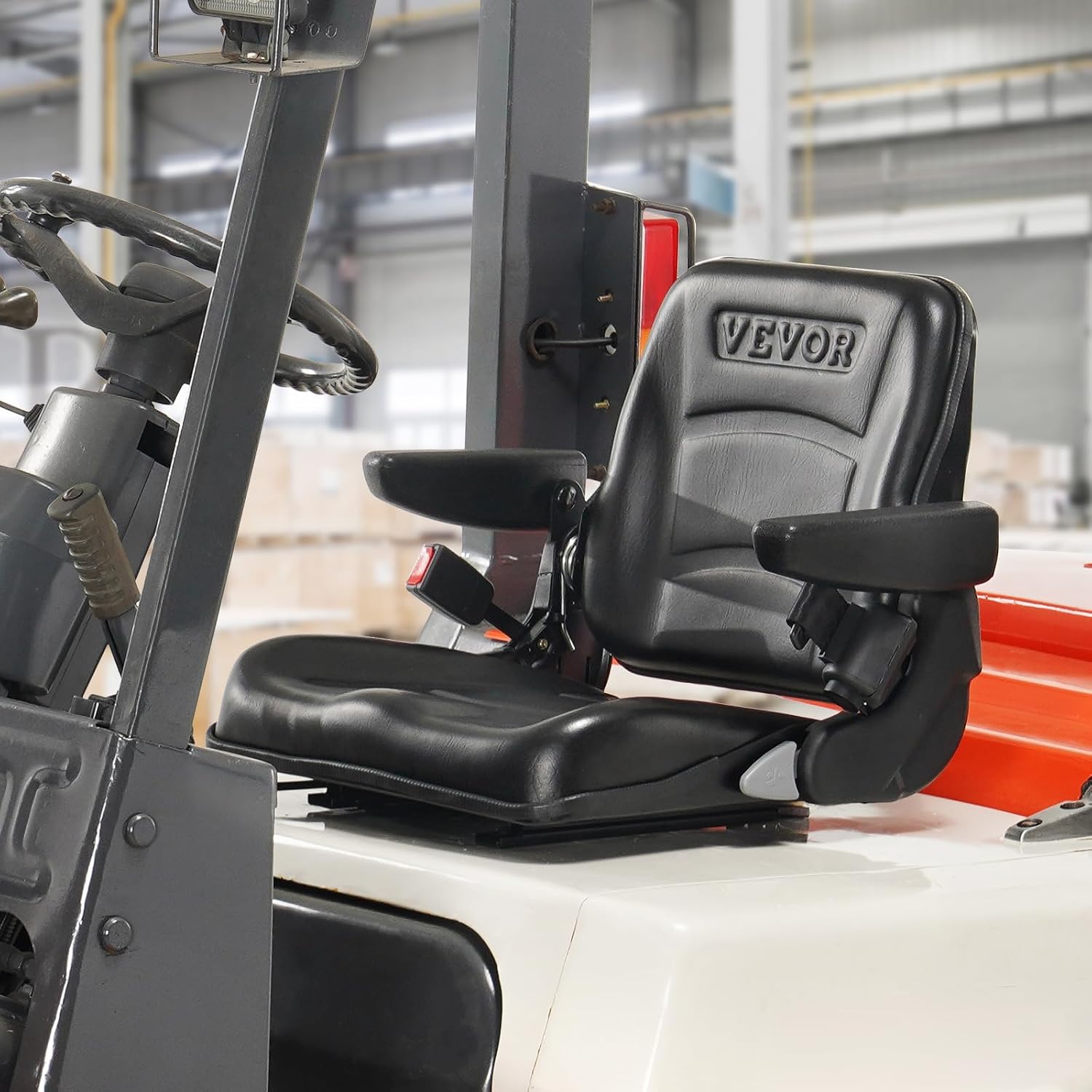 VEVOR Fold Down Tractor Seat with Adjustable Angle Back, Micro Switch, Seatbelt and Armrests, 6.3-13.4 inch Slot Seat for Loader, Excavator