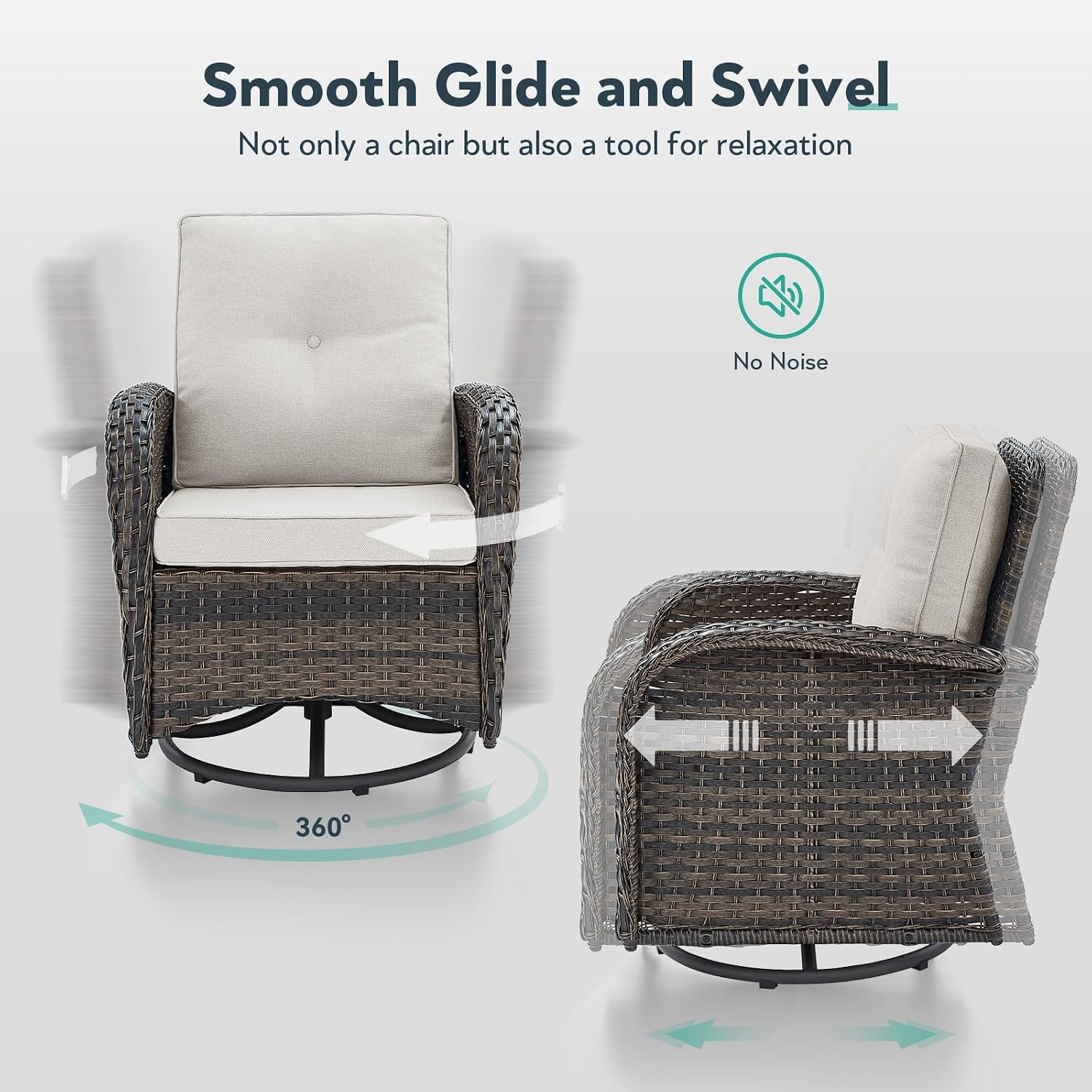 2 in 1 Porch Glider Swivel Chair - Wicker Patio Furniture Outdoor Swivel Rocker Chair with Thick Cushions, 300 Lb Weight Capacity Patio Swivel Glider Seating - Brown Wicker, Beige Cushions