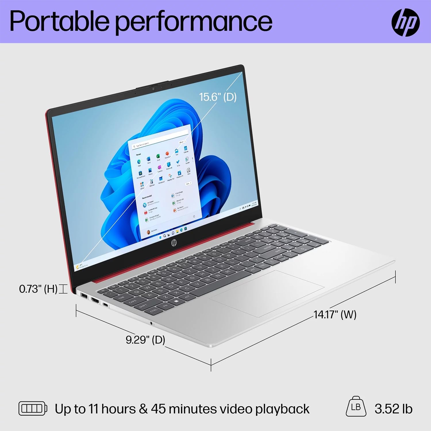 HP 15.6' Portable Laptop, HD Display, Intel Quad-Core N200 Processor, 16GB RAM, 128GB Storage, Wi-Fi 5, Webcam, HDMI, Numeric Keypad, Windows 11 Home, Red (Renewed)