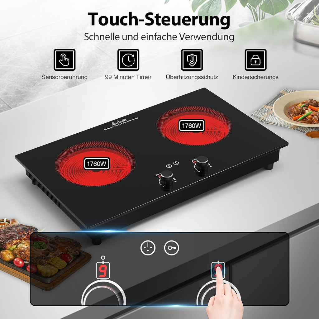 VBGK Electric Cooktop,2400W Electric Stove Top,Countertop and Built-in Hot Plate with Child Safety Lock, Timer, LED touch Knob Control,Overheat Protection,110V 2 Burner Induction Cooktop
