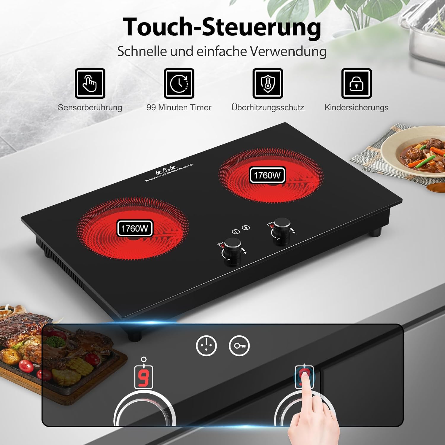 VBGK Electric Cooktop,2400W Electric Stove Top,Countertop and Built-in Hot Plate with Child Safety Lock, Timer, LED touch Knob Control,Overheat Protection,110V 2 Burner Induction Cooktop