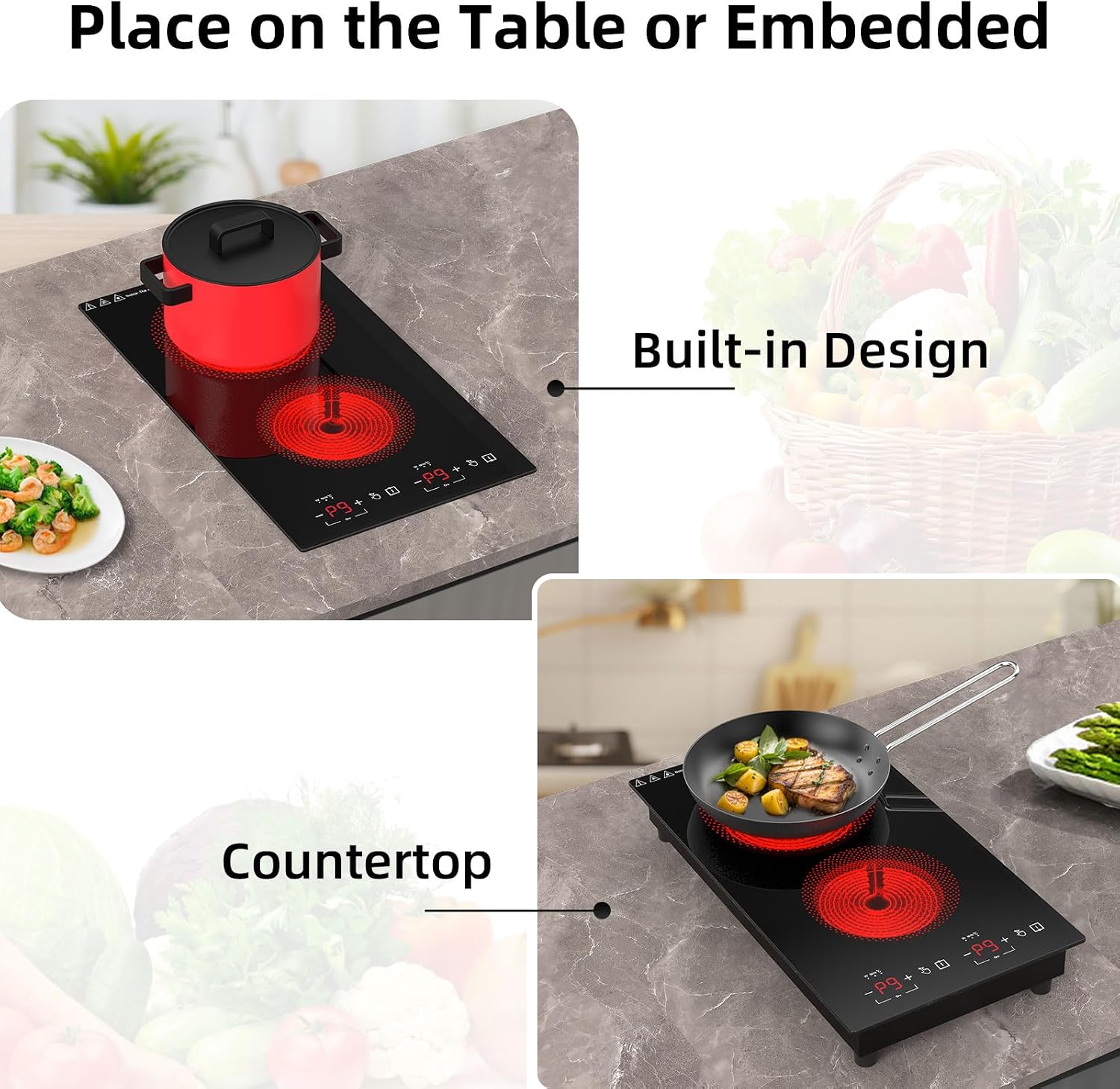 Electric Cooktop 2 Burners 2100W, 110v-120v Electric Stove Top 12 inch, Countertop & Built-in Cooktop, 20 Temperature 9 Power Levels, Child Lock, Timer, Over-Heat Protection