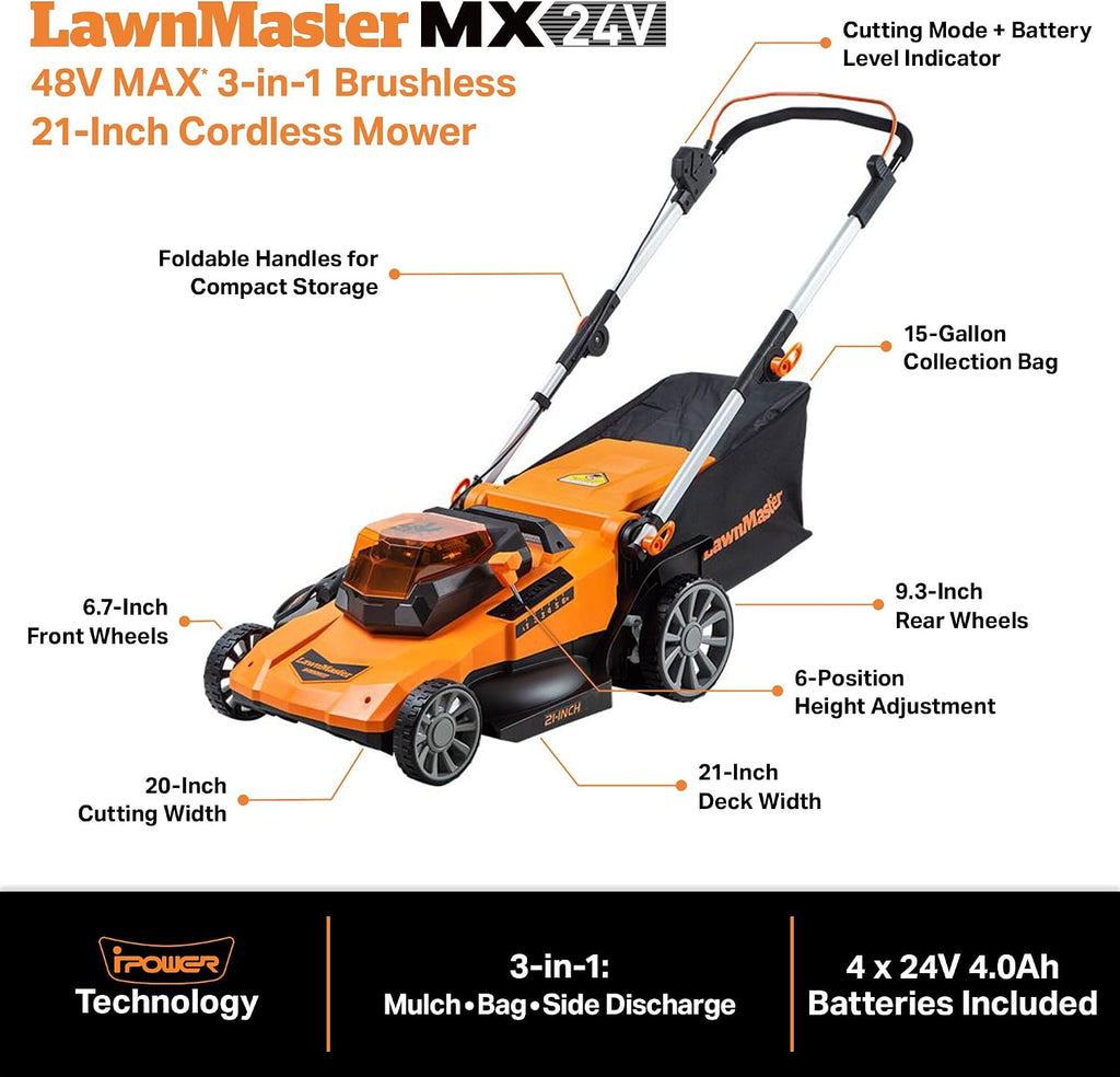 LawnMaster CLMF4821A Cordless Lawn Mower Brushless 48V MAX 21Inch 3-in-1 Function with 4X24V MAX 4.0Ah Battery and a Dual Charger