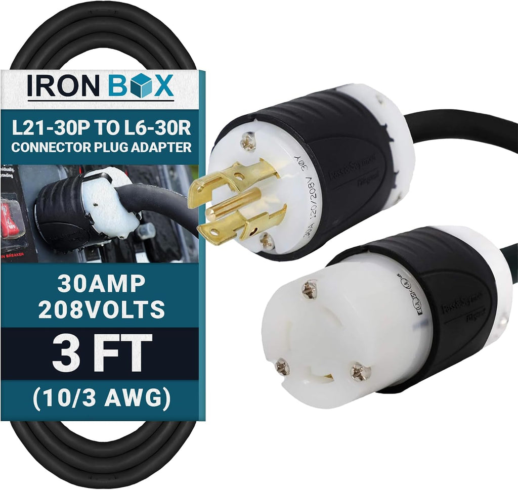 Iron Box Electric - Heavy-Duty L21-30P to L6-30R Connector Plug Adapter - 10/3 AWG - 30 Amps & 208V Rated - Reliable Power Solution for Generators, Transfer Switches, and Industrial Equipment(3 Foot)