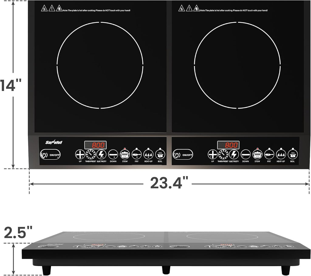 Sunvivi Portable Induction Cooktop: 2 Burners in 1, Commercial-Grade Electric Countertop Stove with LED Touchscreen, 8 Power Levels & Precise Temp Control (176°F-518°F), Independent Timer, Black