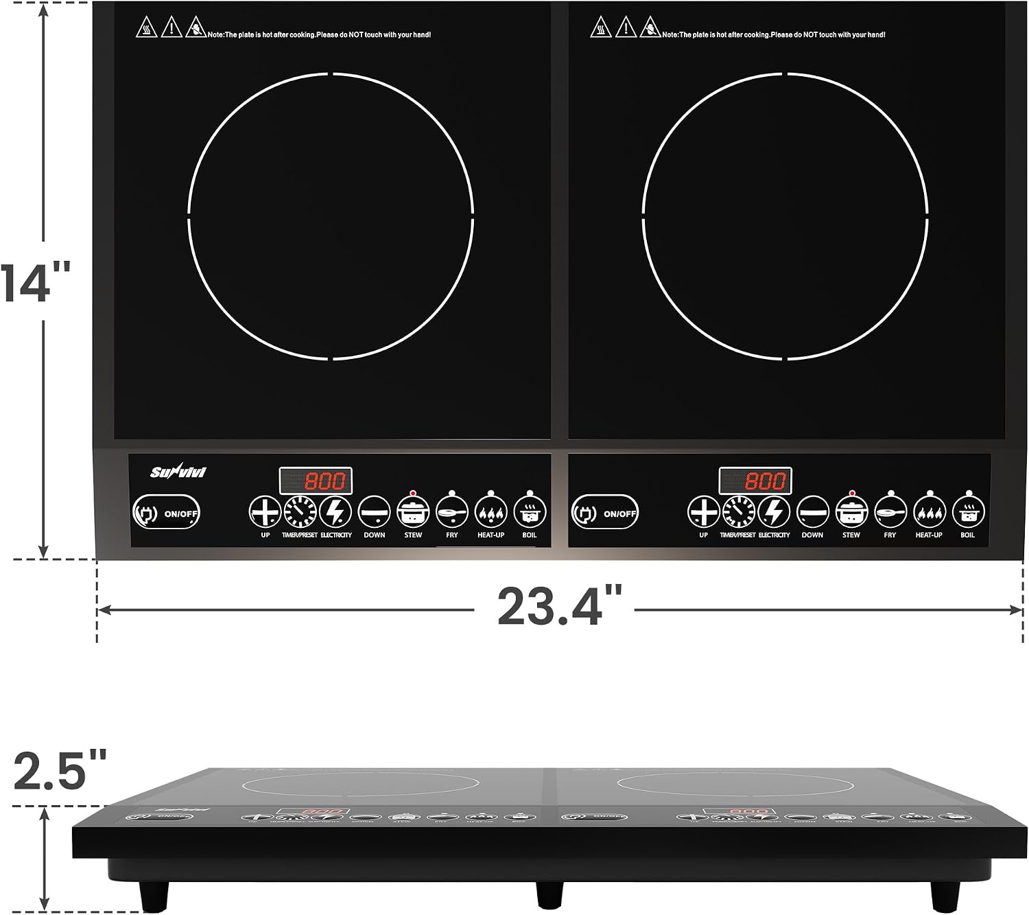 Sunvivi Portable Induction Cooktop: 2 Burners in 1, Commercial-Grade Electric Countertop Stove with LED Touchscreen, 8 Power Levels & Precise Temp Control (176°F-518°F), Independent Timer, Black