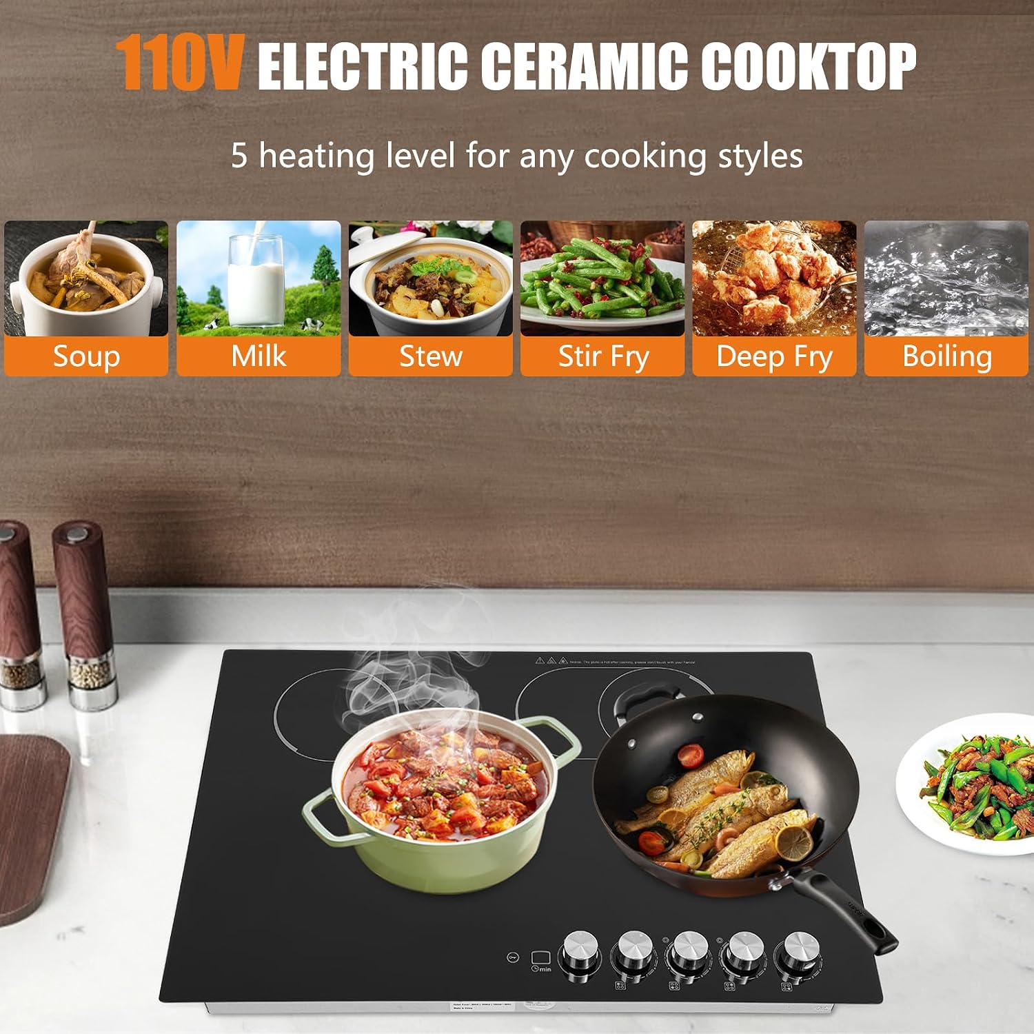4-Burner Cooktop 110V Electric Stove Top with Independent Knob Child Lock 4 Power Levels Ceramic Cooktop for Kitchens, No Plug (30Inch)