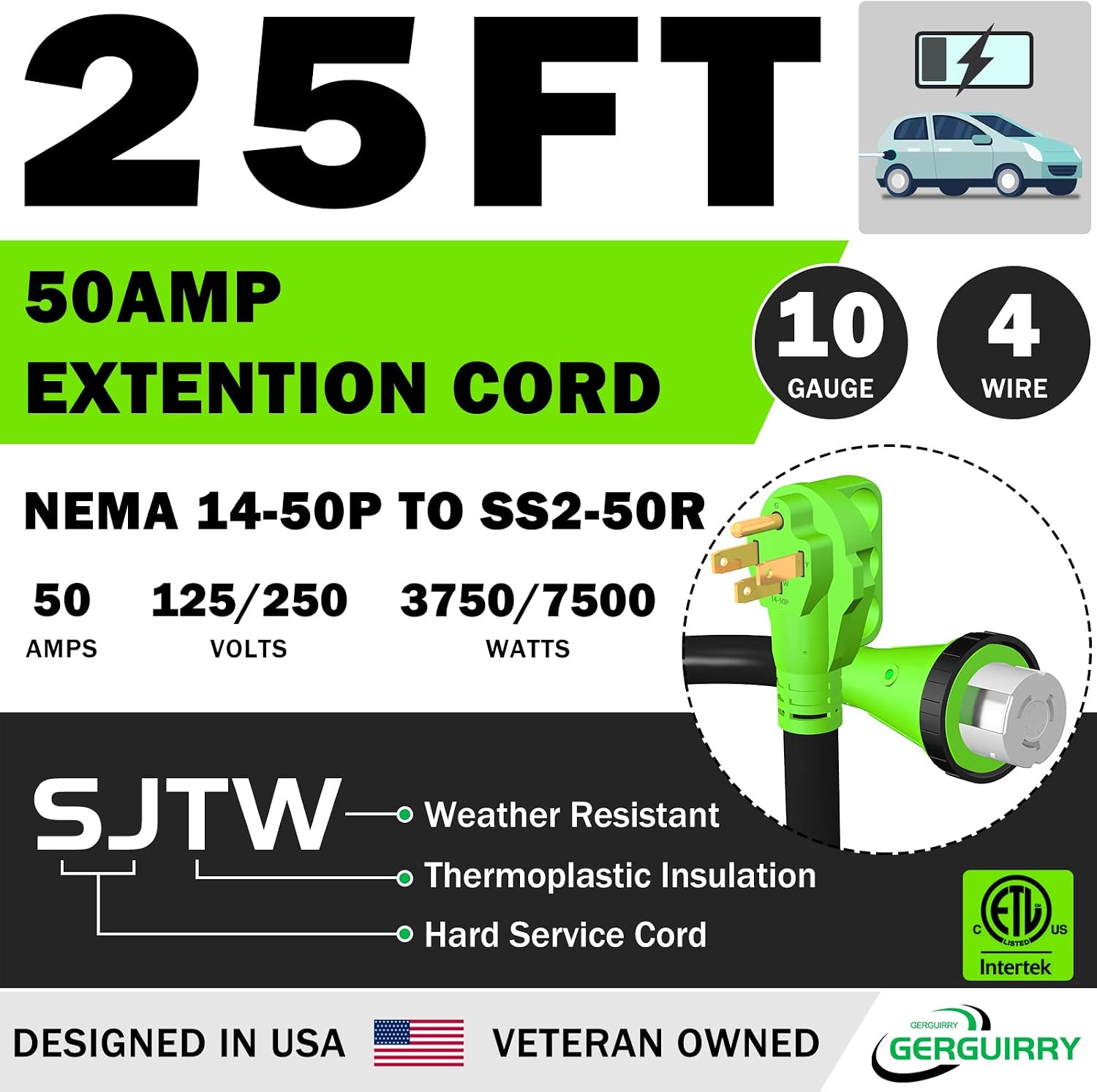 UL Listed 50 Amp RV Extension Power Cord, 25 Feet Lockable Heavy Duty 6/3 + 8/1 SJTW AWG Gauge Cord, NEMA 14-50P to SS2-50R with Cord Organizer, 125V/250V for RV Camper and Generator to House