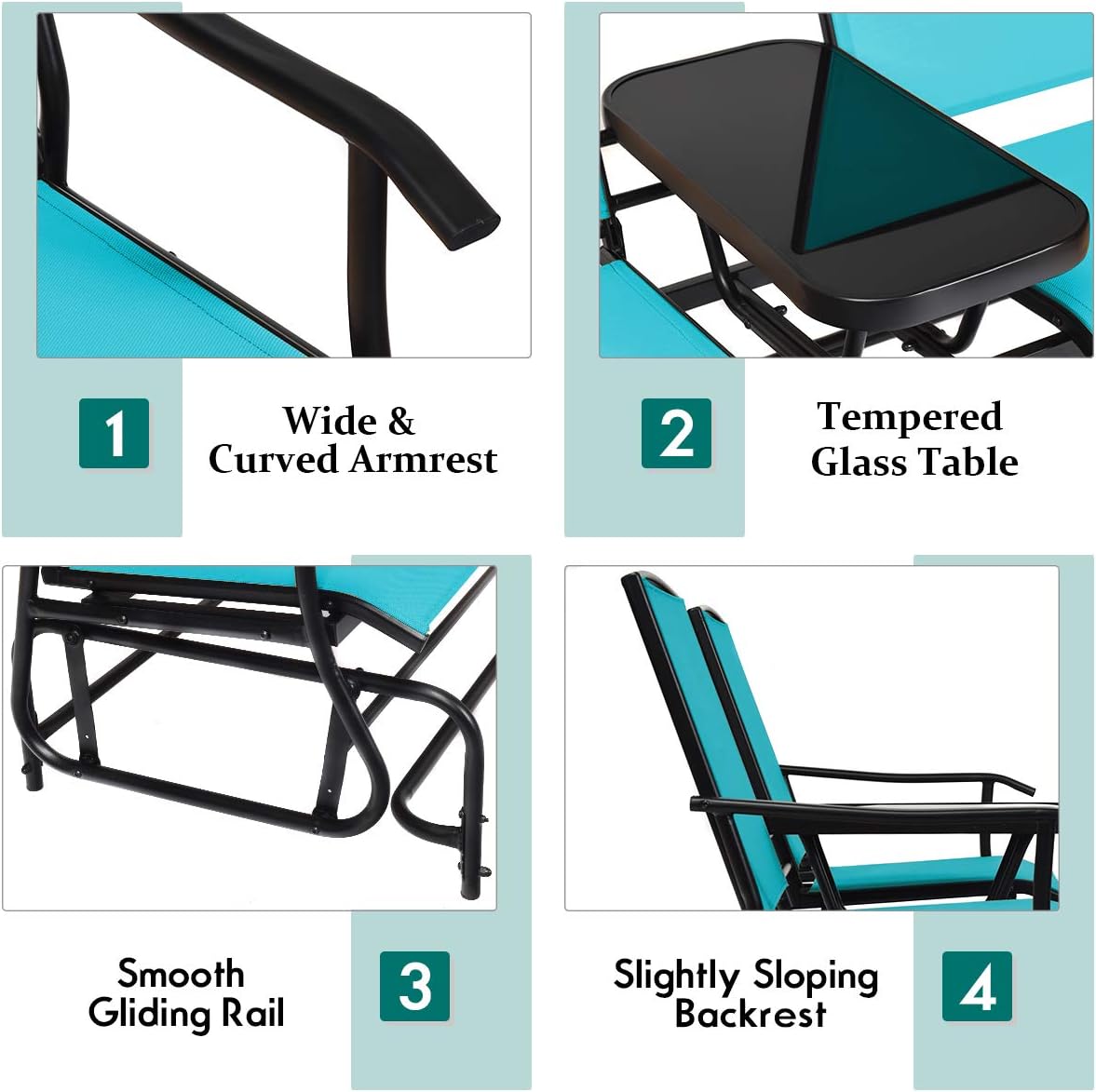 Giantex Patio Bench Glider Chair with Metal Frame, Center Tempered Glass Table, Outside Double Rocking Swing Loveseat for Porch, Garden, Poolside, Balcony, Lawn Rocker Outdoor Glider Bench(Turquoise)