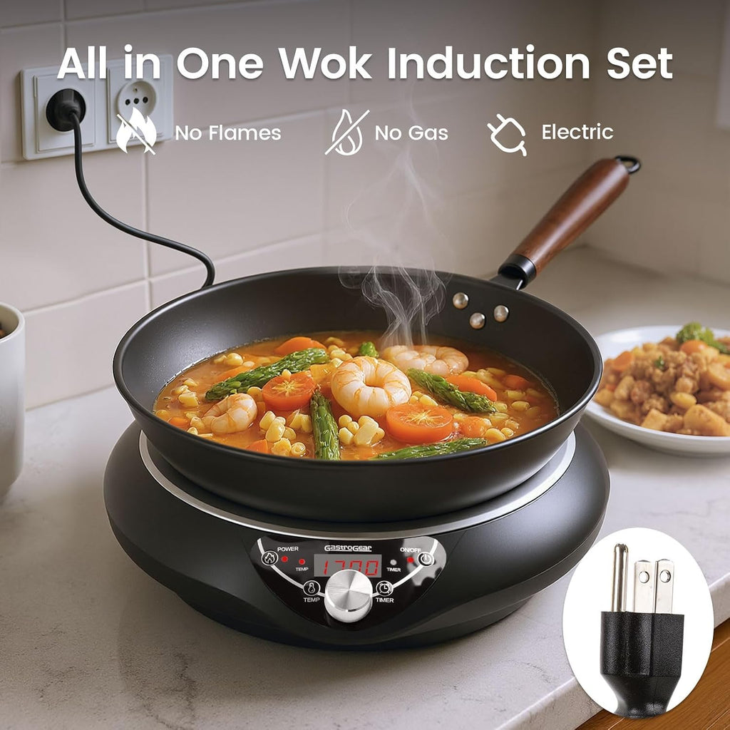 1700W Induction Cooktop with 13.4' Carbon Steel Wok Pan,Lid,Rack,1.97' Deep Curved Concave Electric Stove Burner 16 Watts/temp Precise Ctrl 200~1700W 176°F to 446°F,18H Timer ETL-Listed