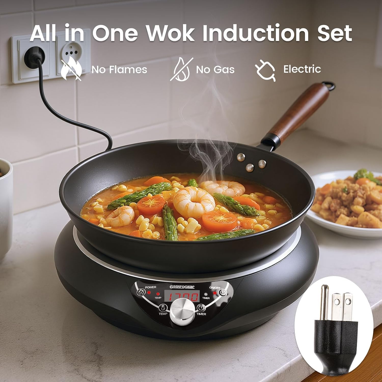 1700W Induction Cooktop with 13.4' Carbon Steel Wok Pan,Lid,Rack,1.97' Deep Curved Concave Electric Stove Burner 16 Watts/temp Precise Ctrl 200~1700W 176°F to 446°F,18H Timer ETL-Listed