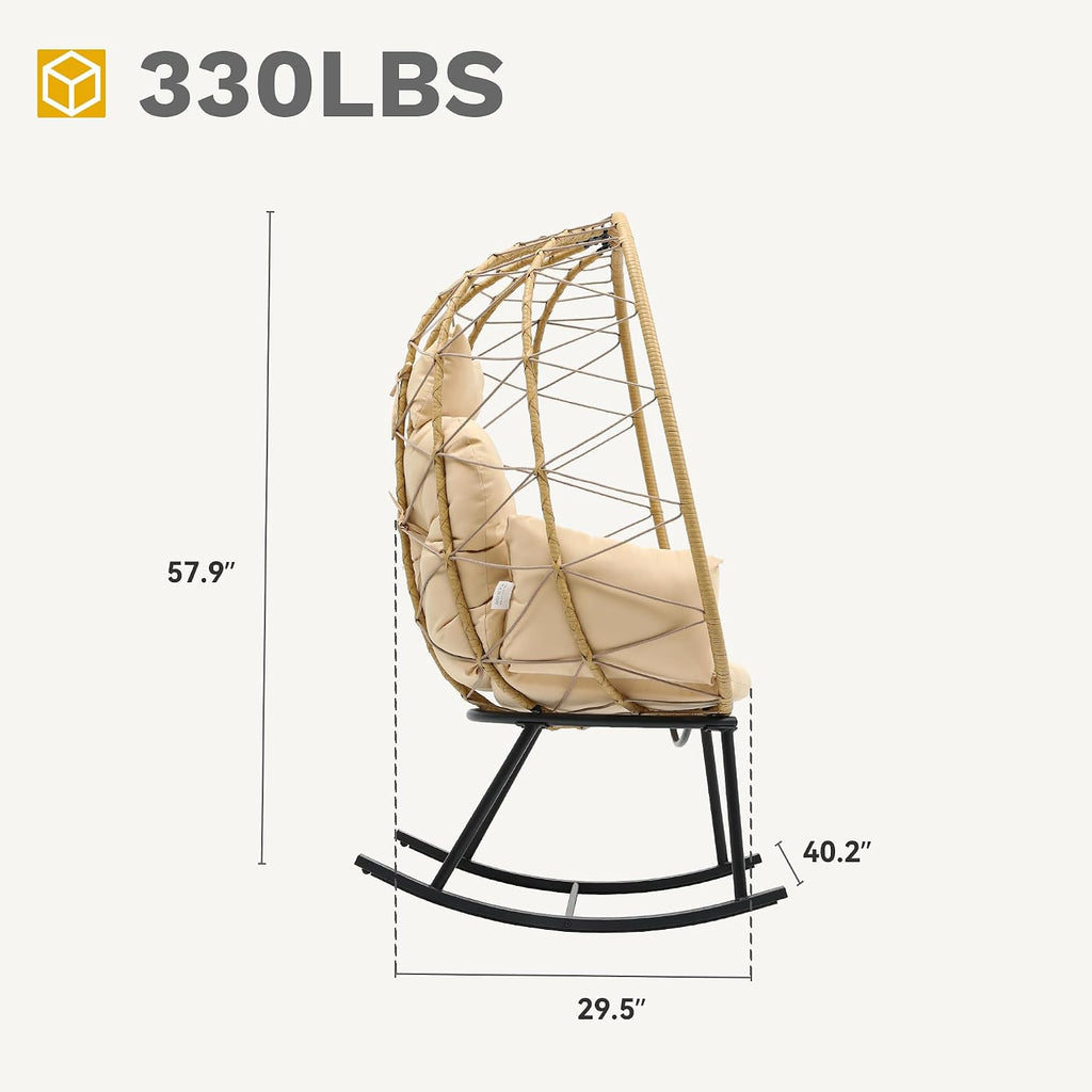 DWVO Wicker Rocking Egg Chair, Oversized Indoor Outdoor Rattan Rocking Chair, Indoor Outdoor Lounger for Patio, Backyard, Living Room, Beige