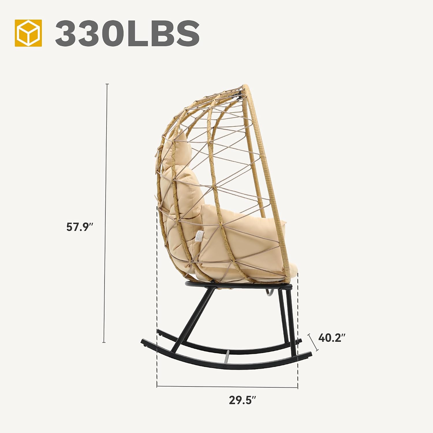 DWVO Wicker Rocking Egg Chair, Oversized Indoor Outdoor Rattan Rocking Chair, Indoor Outdoor Lounger for Patio, Backyard, Living Room, Beige