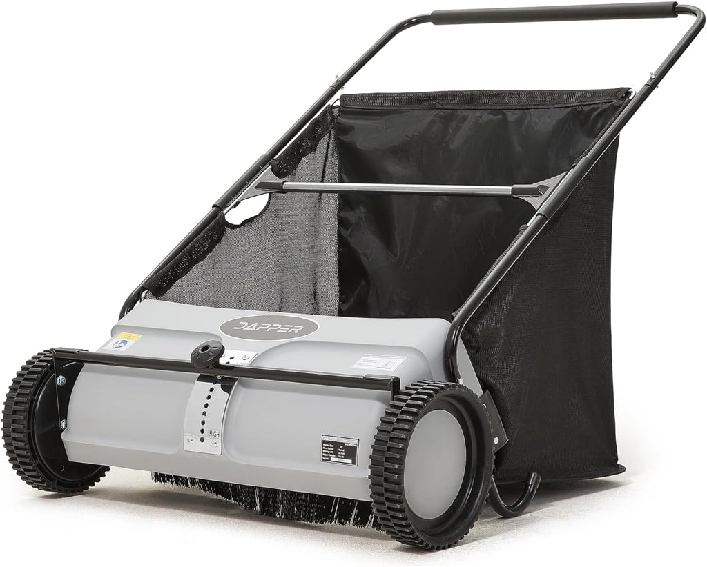 Dapper Supply 26-Inch Push Lawn Sweeper, Grass, Lawn and Leaf Cleanup Collector with Large 7 cu. ft. Hopper Bag, and Dual Spinning Brushes, Grey