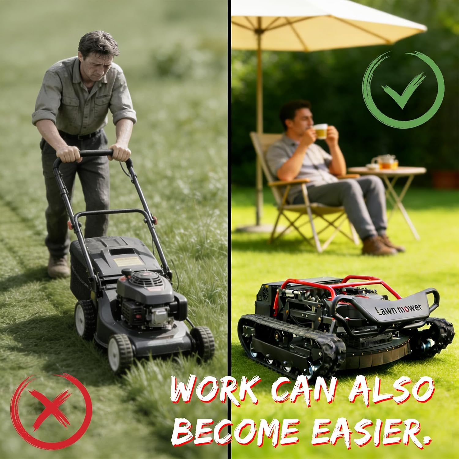 Remote-Controlled Robotic Lawnmower, Featuring a 27hp High-Power Twin-Cylinder Engine and a 48v Brushless Motor. All-Terrain Off-Road Lawnmower with a Mowing Width of up to 35.43 Inches