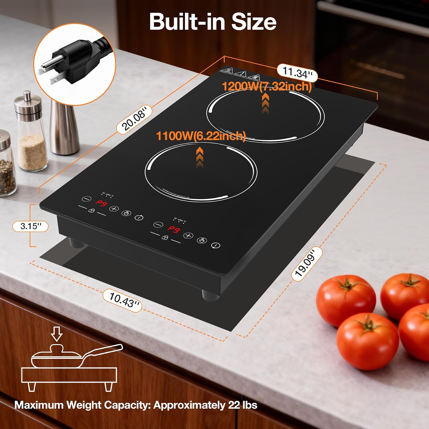 Double Induction Cooktop, Portable Induction Stove Hot Plate with 9-Level Touch Control, Safety Lock, Auto Shutoff Timer Setting, Overheating Protection for Apartments, RVs, Camping