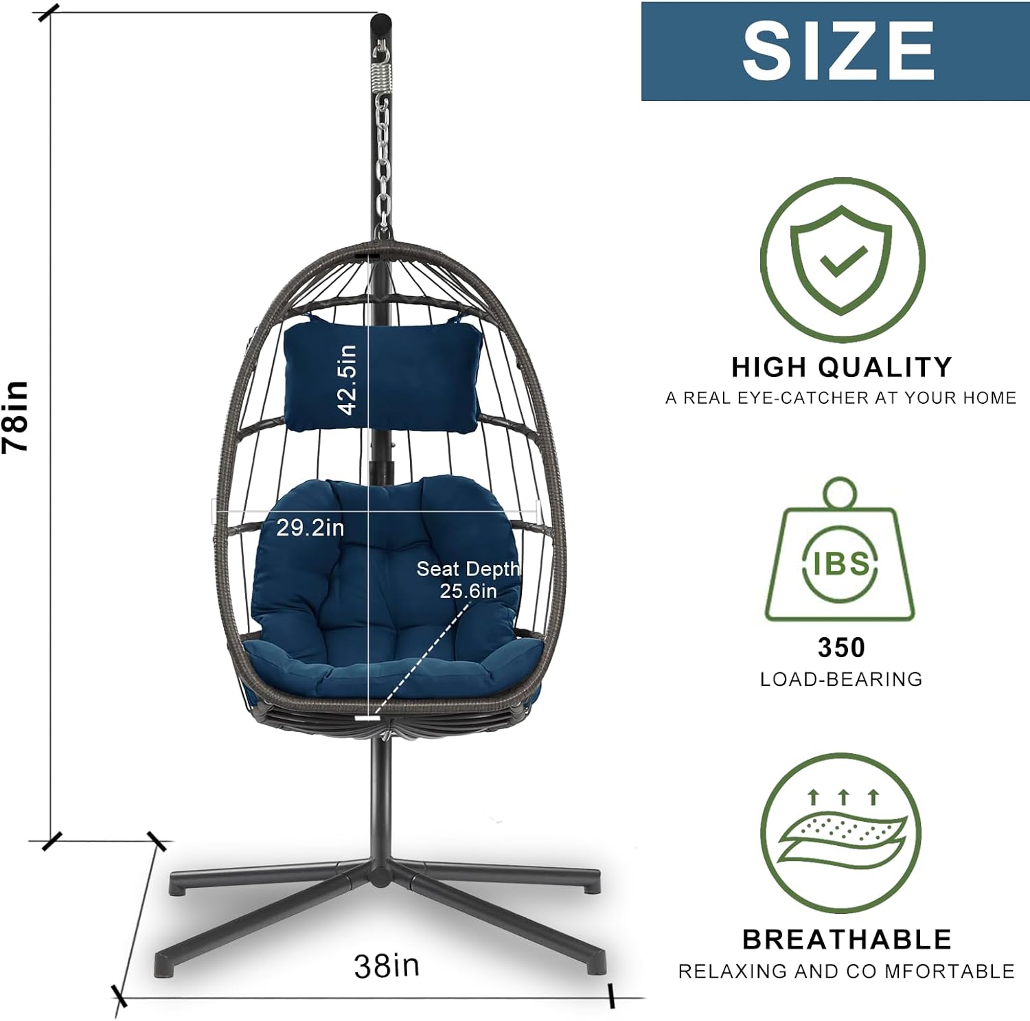 Indoor Outdoor Patio Wicker Hanging Chair Swing Chair Patio Egg Chair UV Resistant Cushion Aluminum Frame (Teal Blue)
