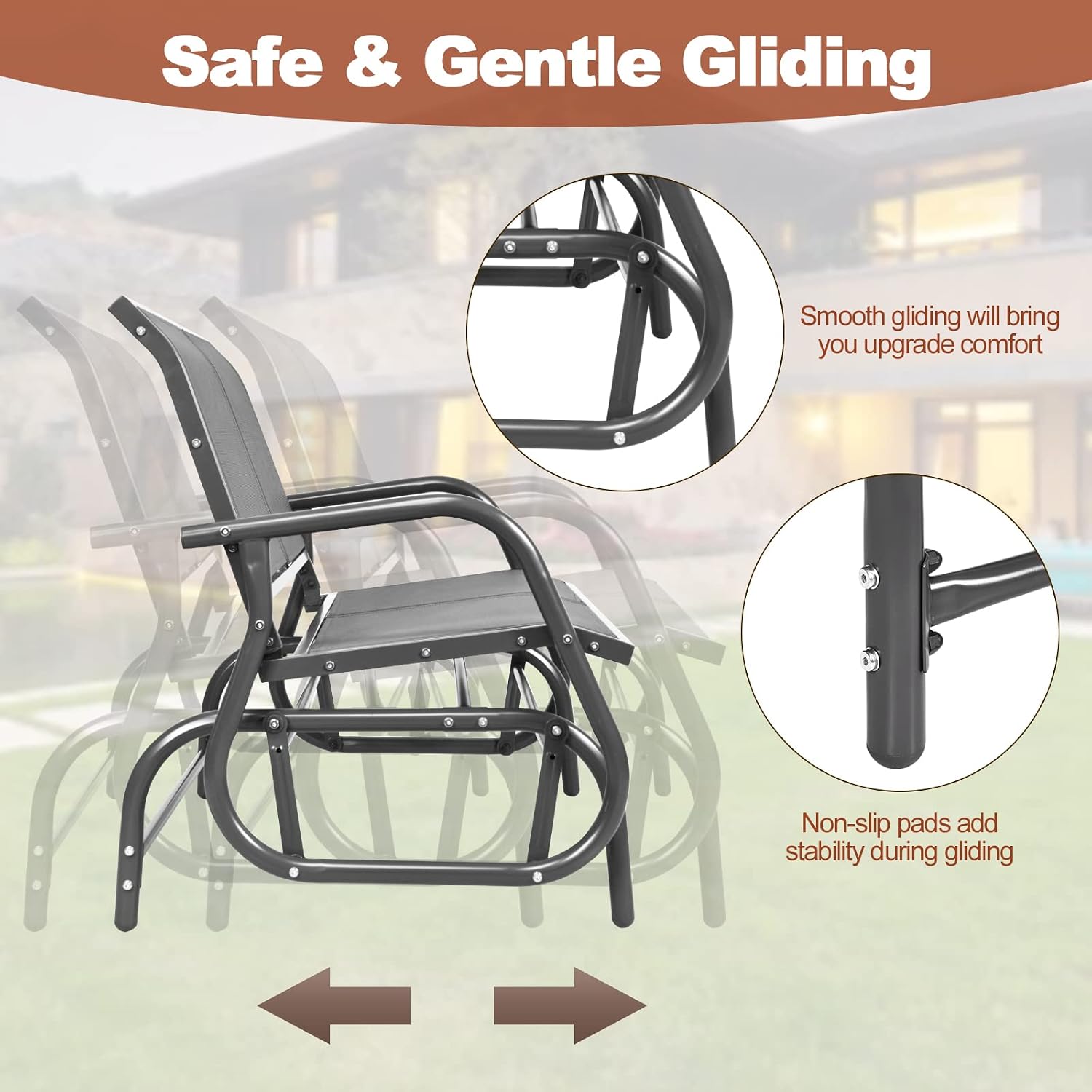 Tangkula 2 Person Patio Glider, Outdoor Swing Bench, Rocker Glider Loveseat Chair with Heavy-Duty Steel Frame, Breathable Seat Fabric, Rocking Lounge Chair for Poolside, Garden, Backyard, Porch (Gray)