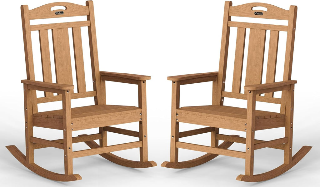 Ciokea Oversized Outdoor Rocking Chairs Set of 2, 380lbs Heavy-Duty Large Patio Rocker, High Back Cozy Porch Chairs, Weather Resistant Patio Rocking Chairs for Outside, Fire Pit, Deck, Teak