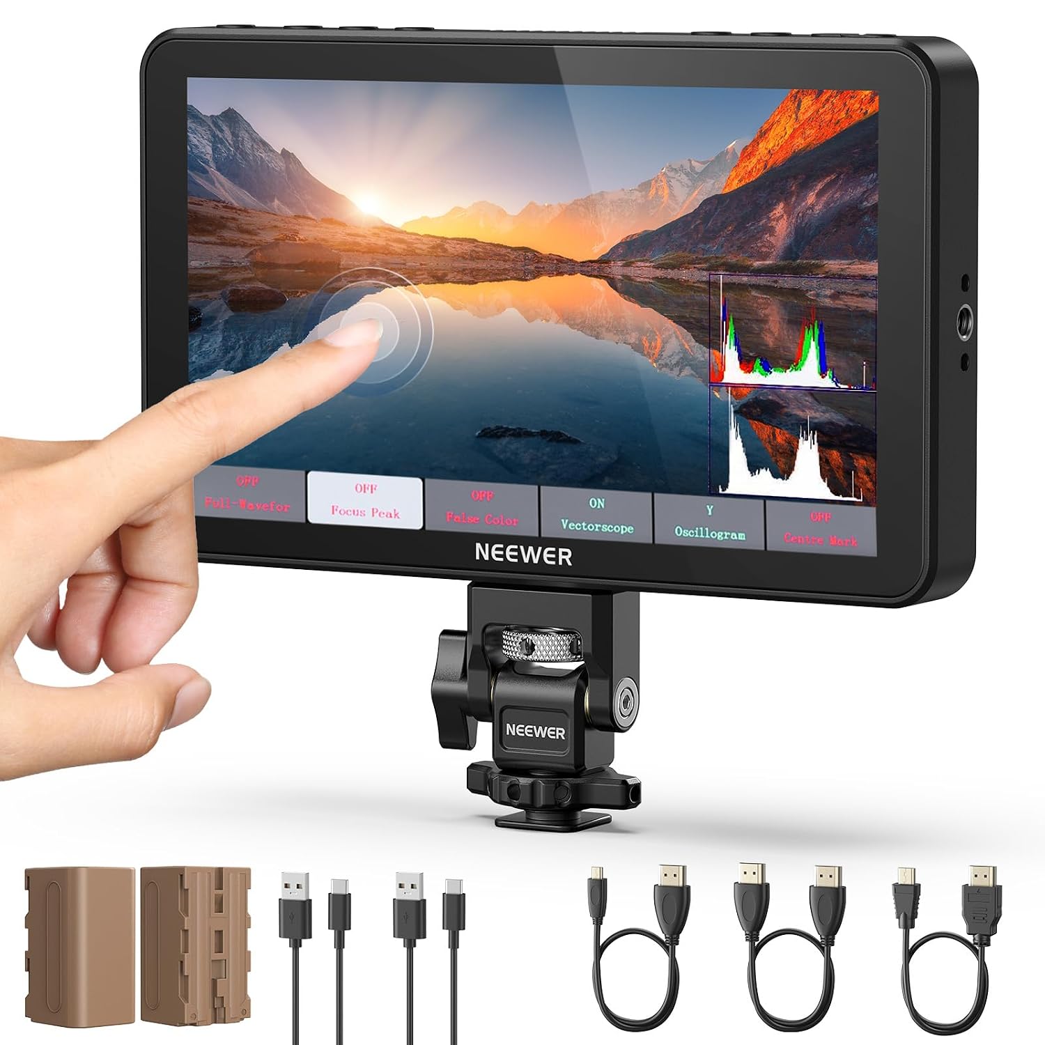 NEEWER F700 7' Camera Field Monitor, 2000nit HD 1920x1080 IPS Touch Screen with 3D LUT, 4K HDMI Loop in/Out with Peak Focus DSLR Video Assist HDR Waveform, Cold Shoe Mount, 2 NP-F750 Batteries & Cable