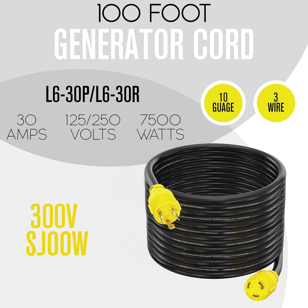Houseables 30 Amp Generator Cord, L6-30 Extension Cord, L6-30R, L6-30P, 100 Feet, Generator Cable, 3 Prong, 250V Extension, 30amp, NEMA, Twist Lock, RV, Heavy Duty, 10 Gauge, 250 Volt, UL & ETL Listed