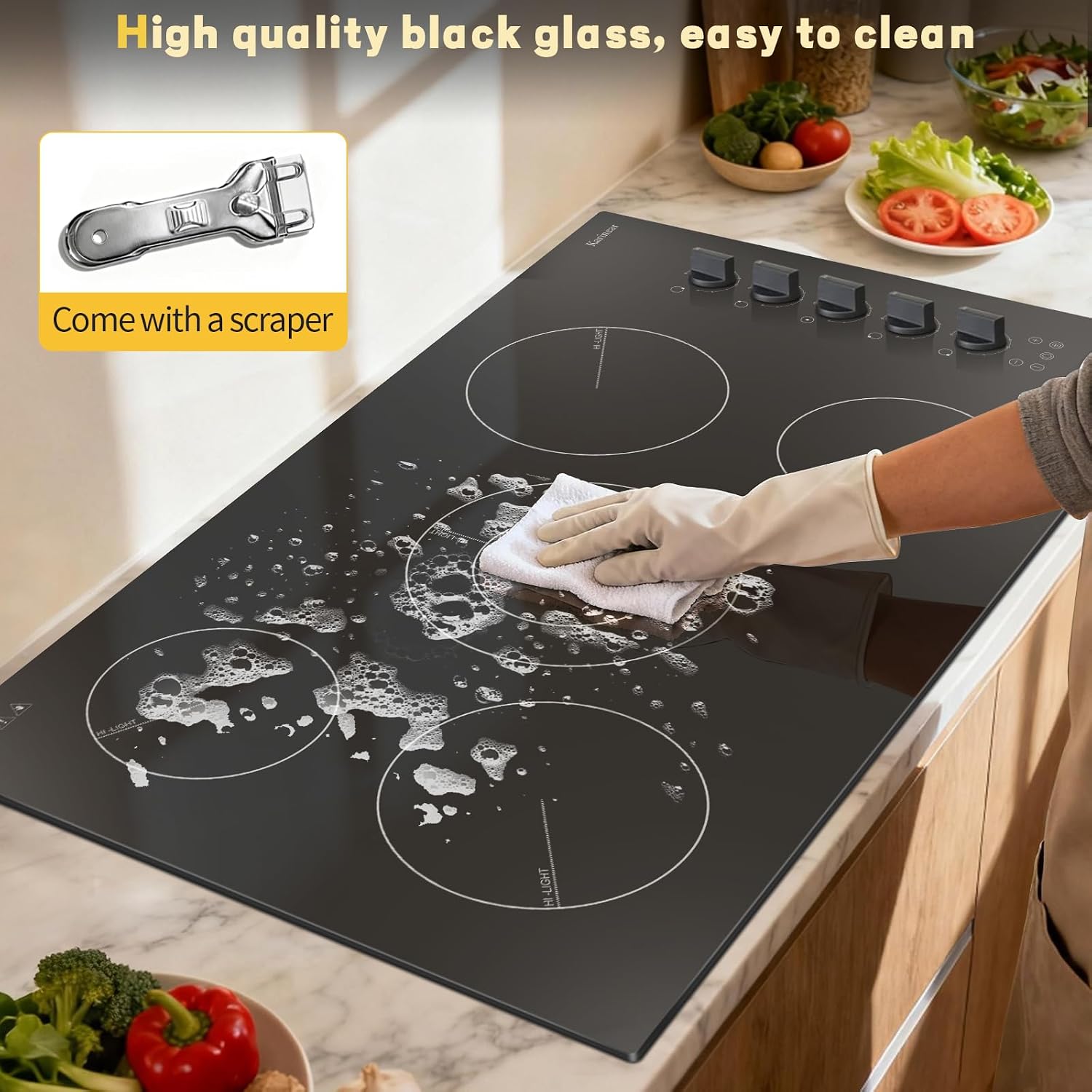 Karinear 36 Inch Electric Ceramic Cooktop, 5 Burner Radiant Electric Stove Top with Knob & Touch Control, 8900W High-Power Built-in Hob, 9 Heat Levels, 99-Min Timer, Child Lock, 240V Hardwired
